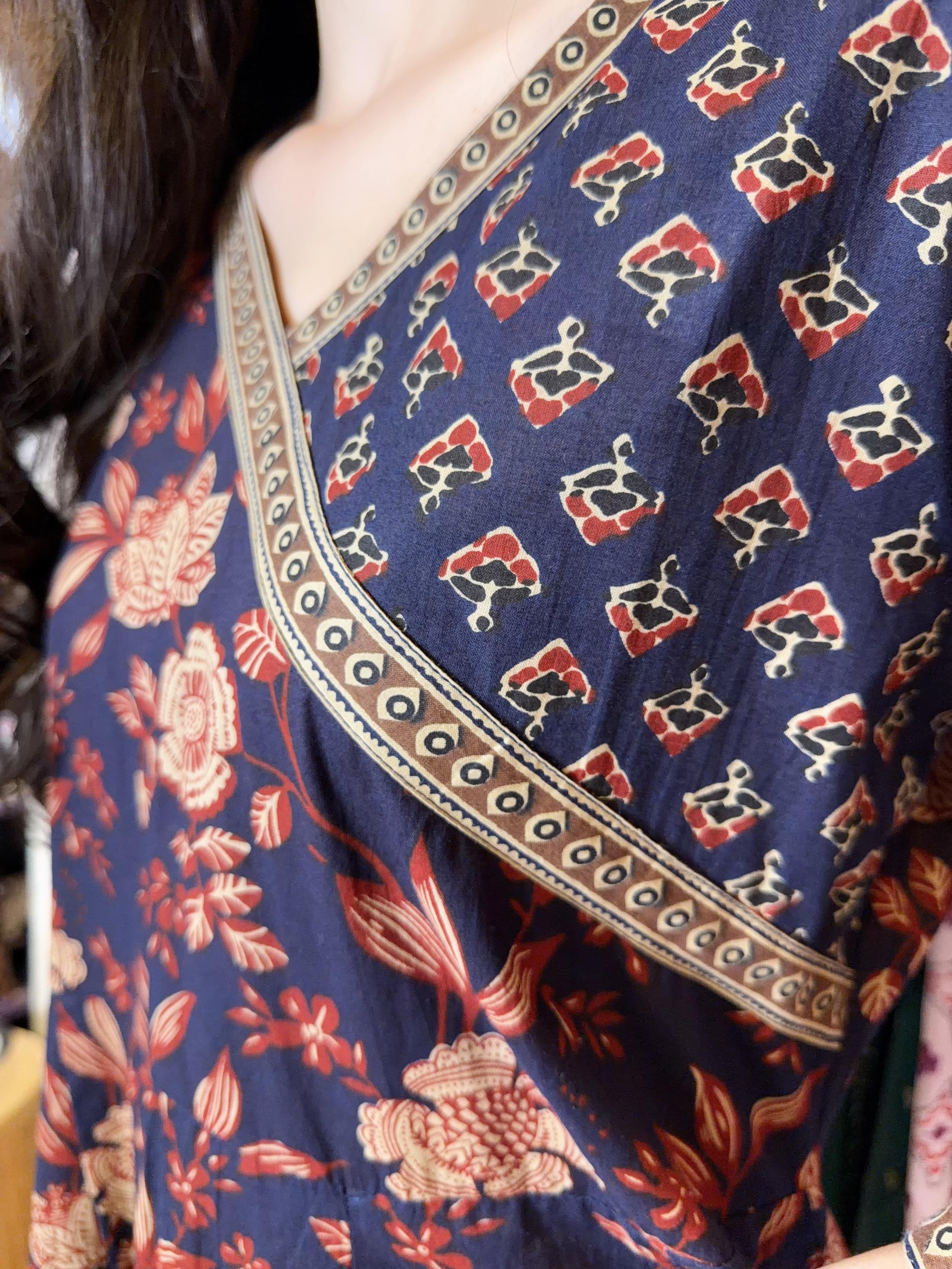 Dark Blue Overlap JP Collar Brown Floral OP 51"  #1377