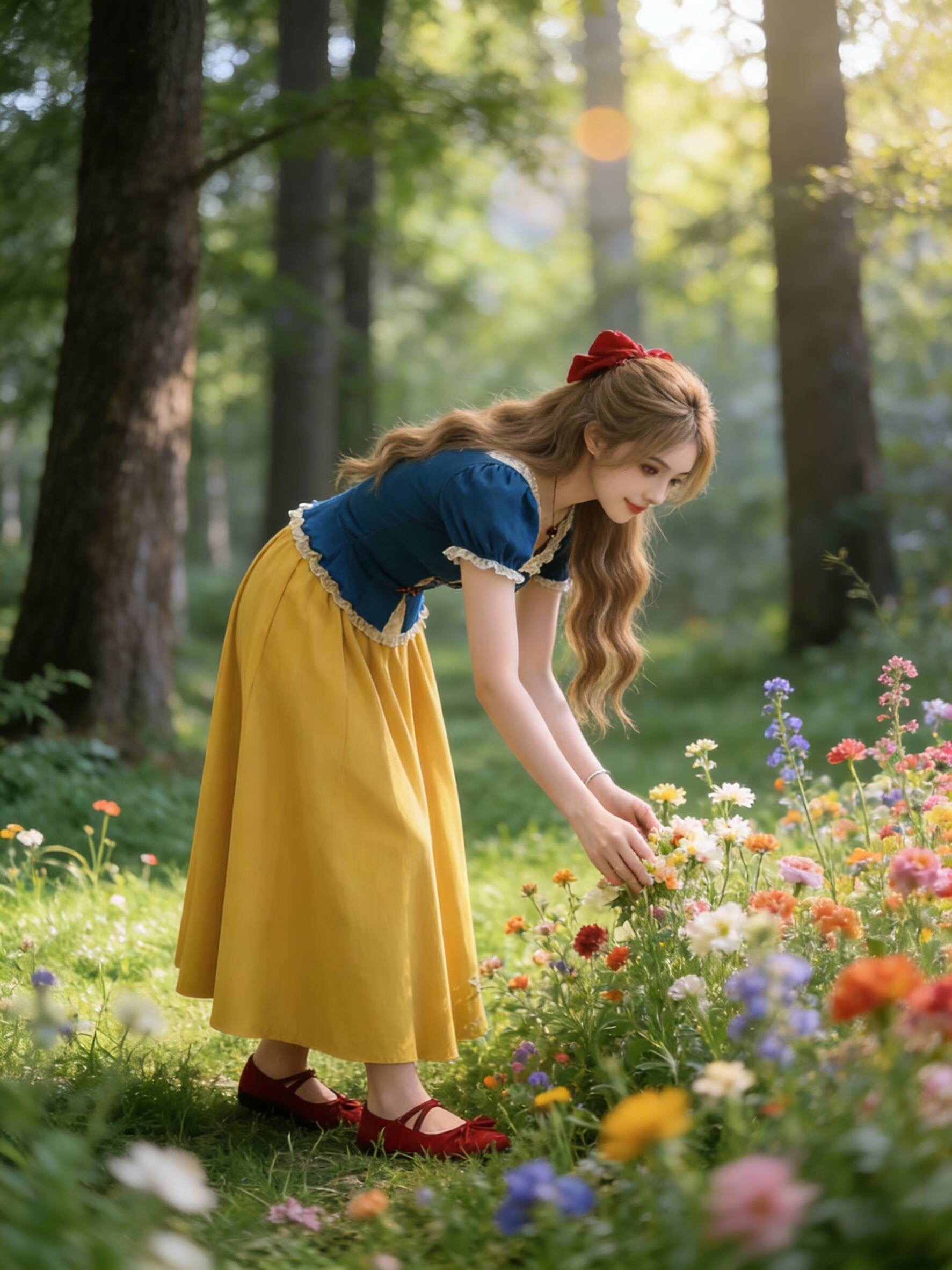 B132(9380) 法式公主风复古蕾丝花边前排红蝴蝶结蓝上衣与黄长裙套装