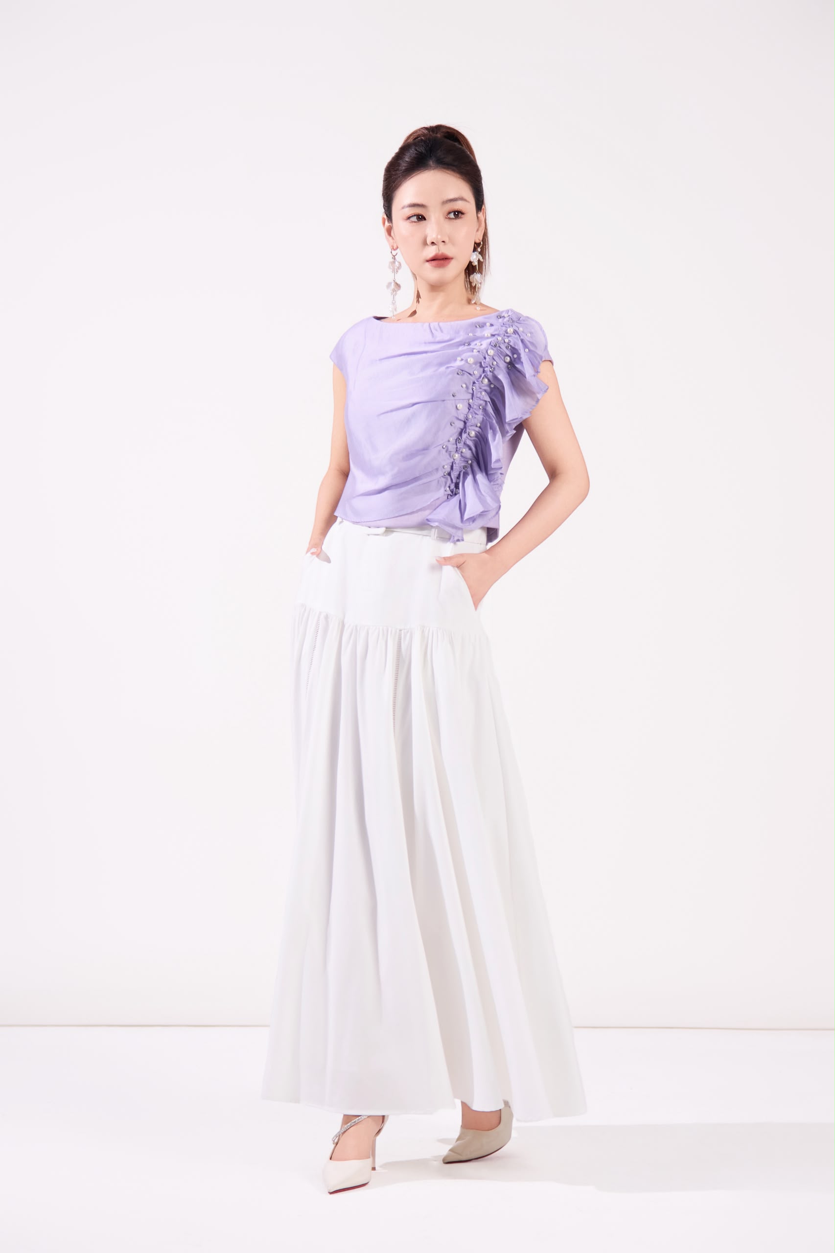 10141364 Pearl Ruffle Draped Blouse