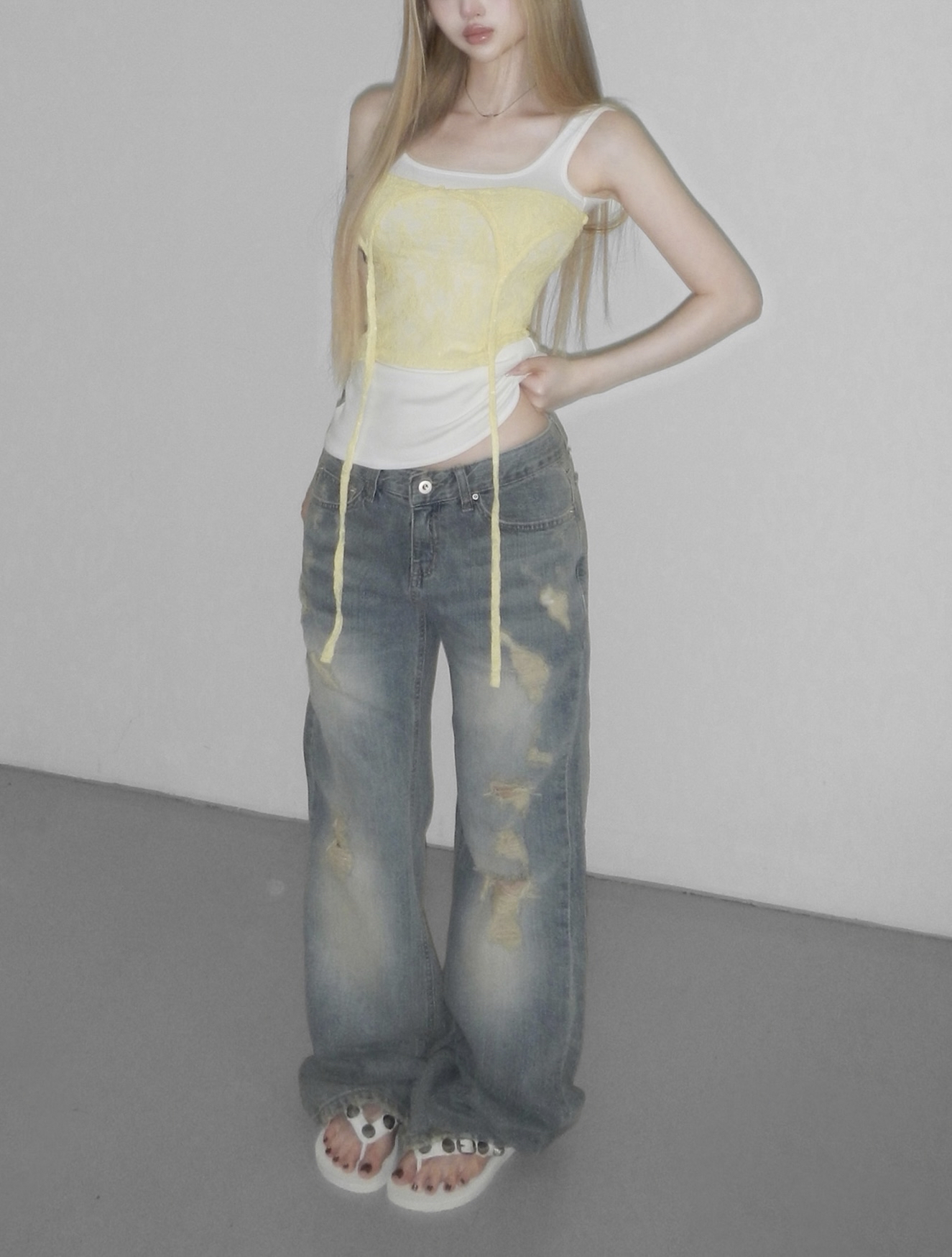 Distressed Washed Wide-Leg Pants