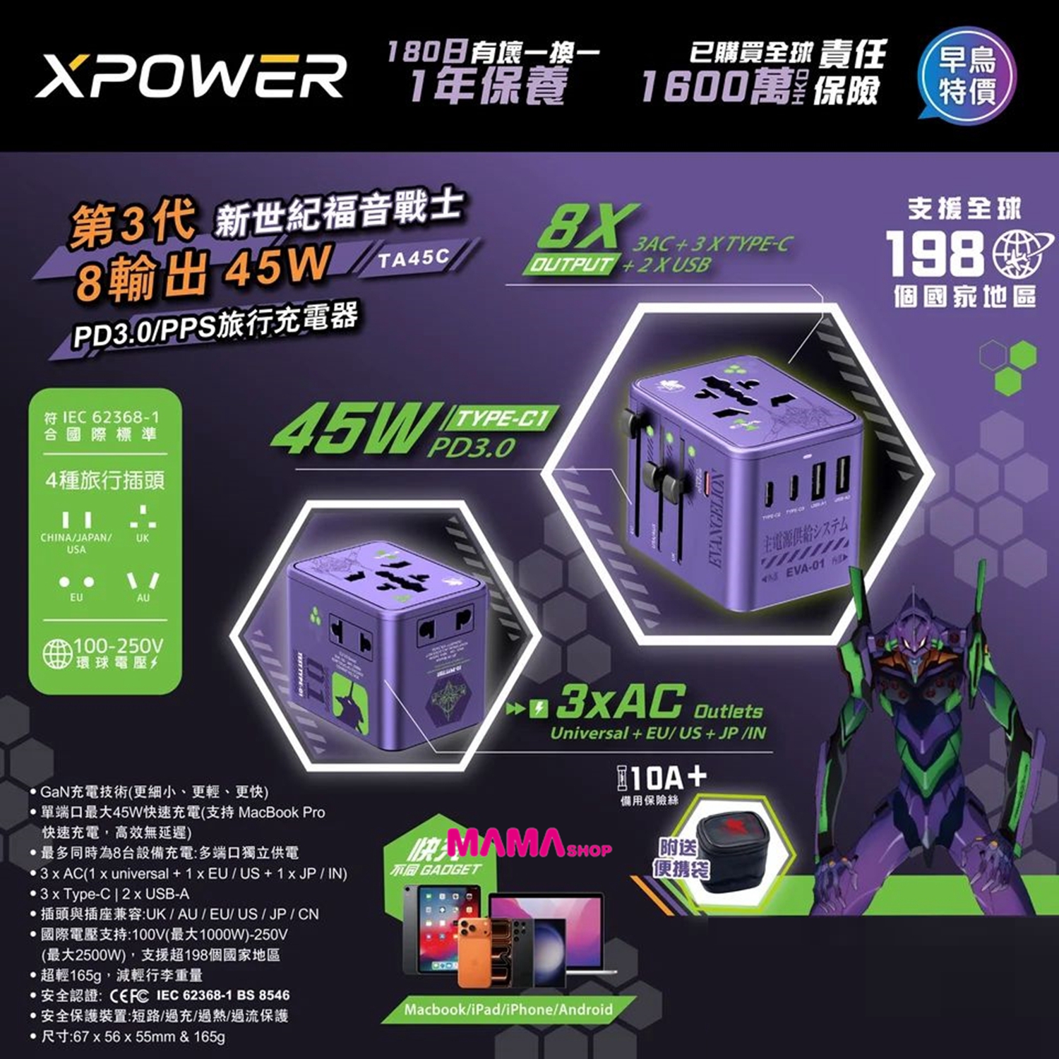 EVA 新世紀福音戰士初號機 第3代 TA45C 45W 6輸出 PD3.0/PPS快充旅行充電器