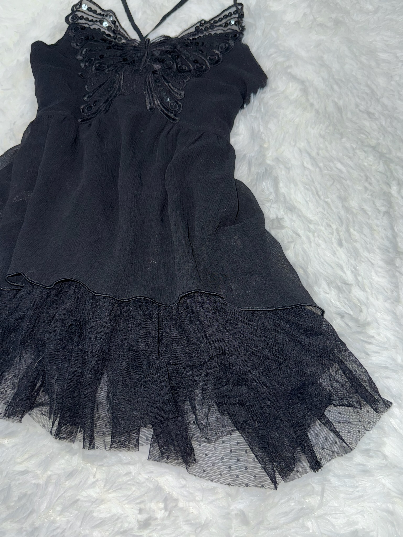 Whimsigoth Goth Embroidered Butterfly Mesh Ruffle Dress 