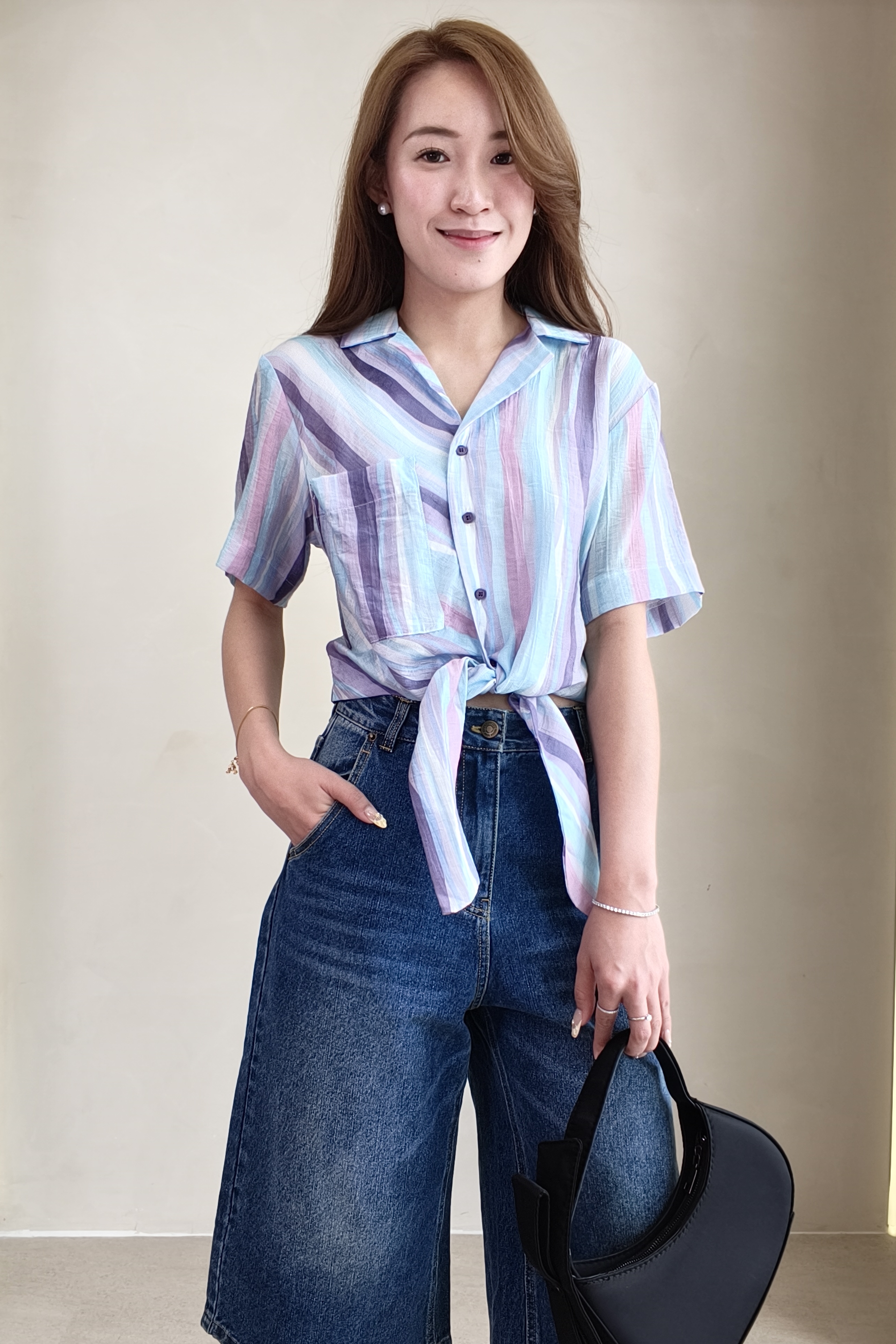 E8273BB Striped Tie-Front Short Sleeve Shirt