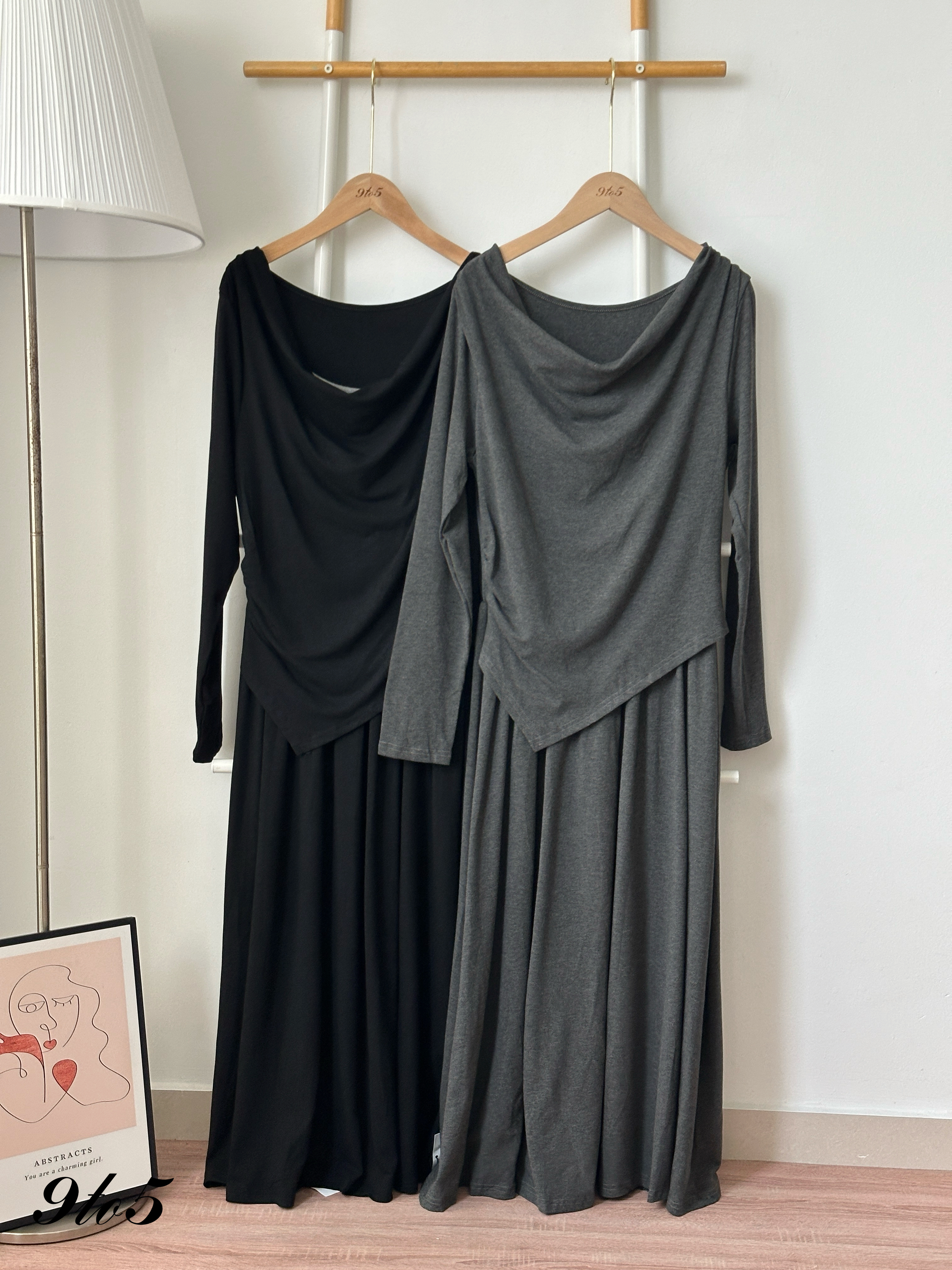 D2370 Fake Two-Pieces Off-Shoulder Dress - Black & Grey