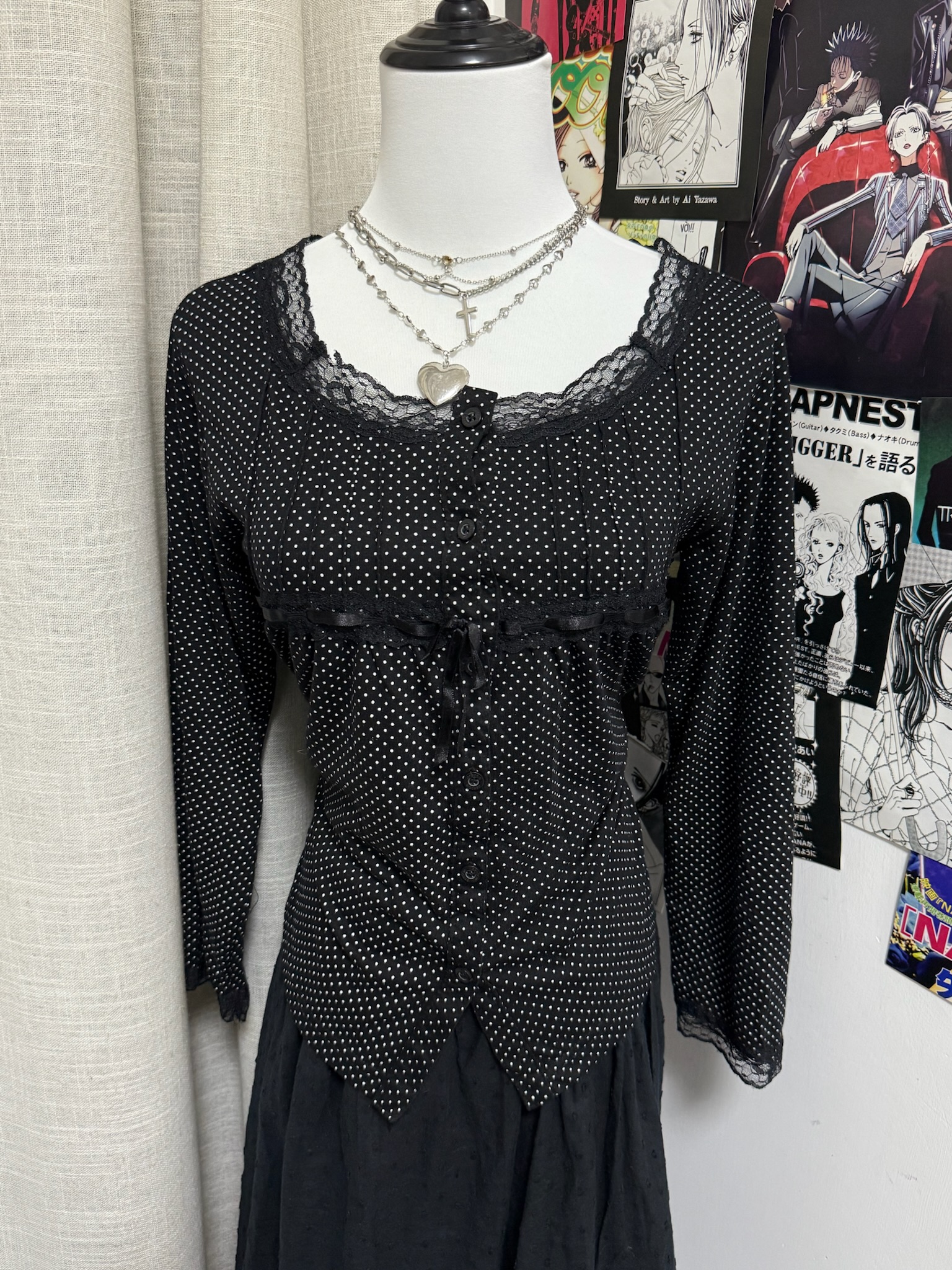 Polka Dot Square Neck Lace Patchwork Top with Bows