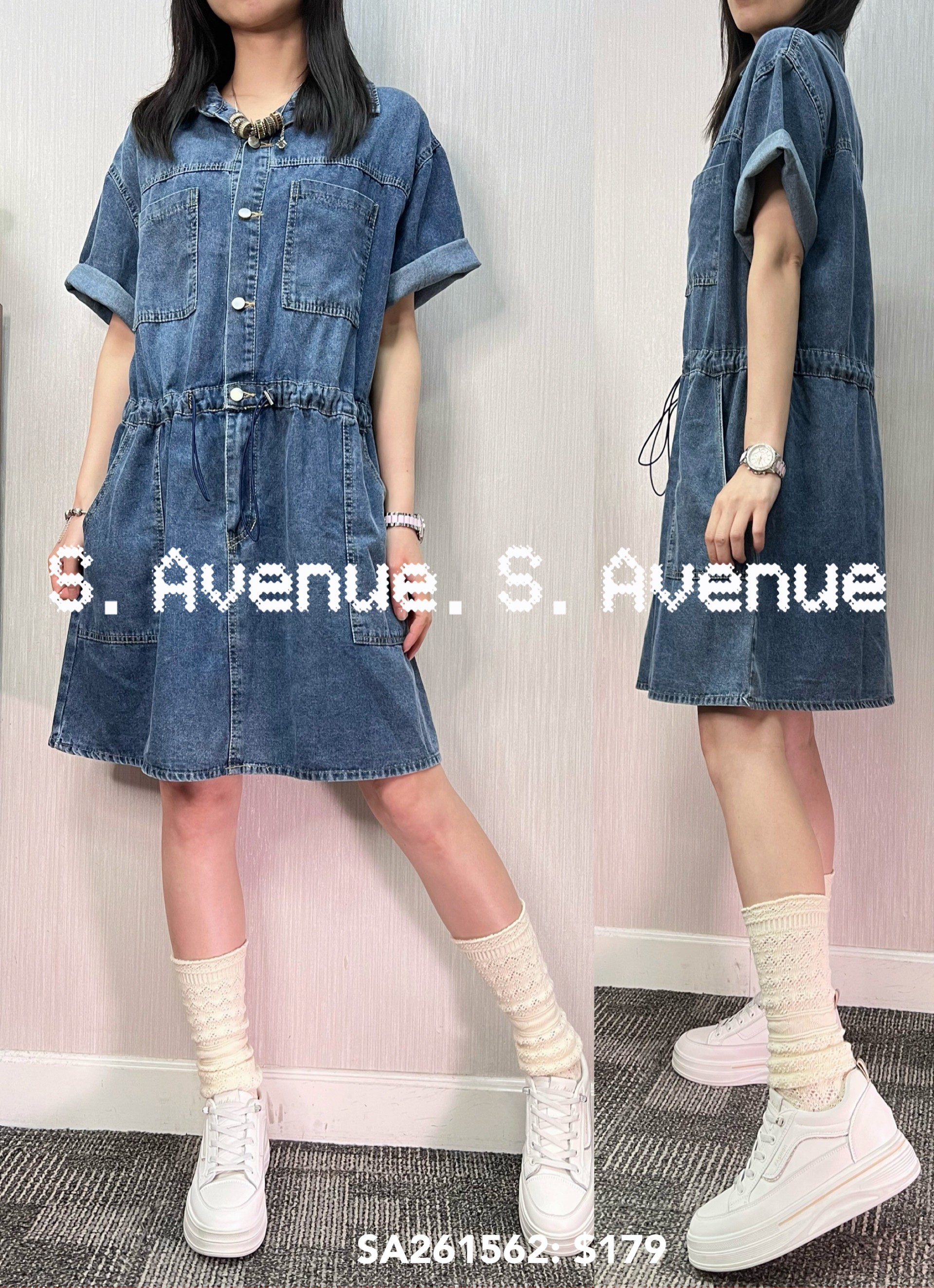 SA261562: 短袖有領牛仔方袋op