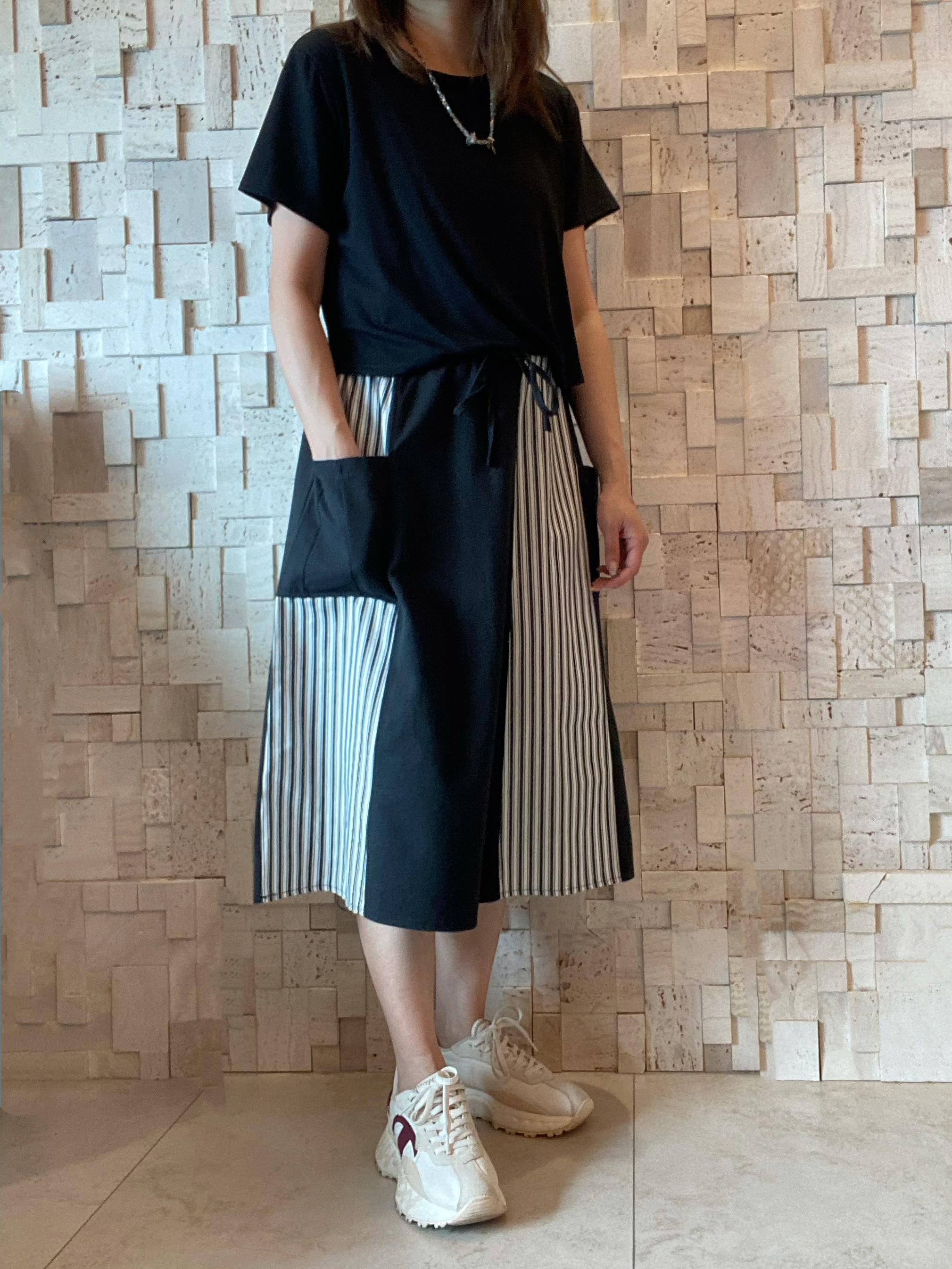 S00356 牛仔布拼條紋撞色Op