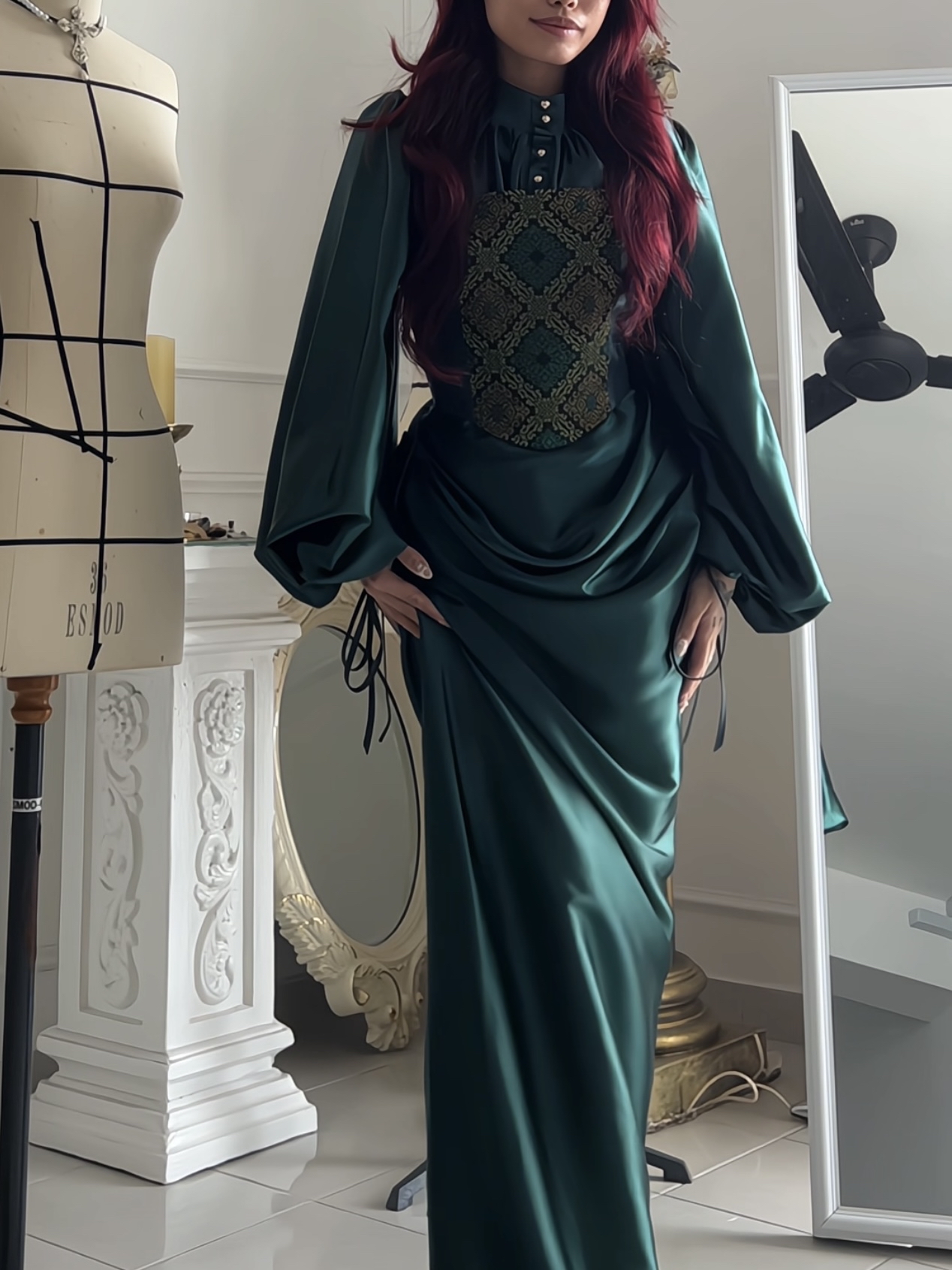 Kadita Songket Corset and Draped Skirt with King Blouse in Emerald Green