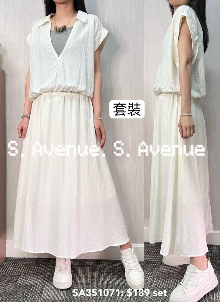 SA351071: 短袖有領假兩件top配橡根腰A字長裙套裝