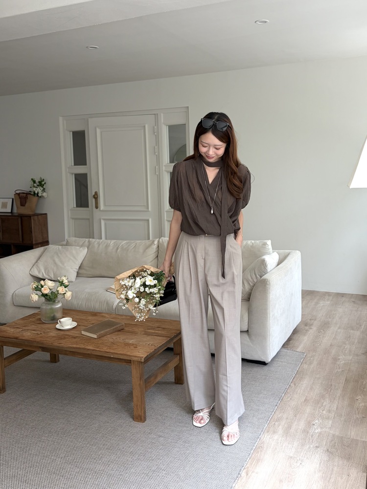 Louise Wrap Blouse with Tie (Brown)