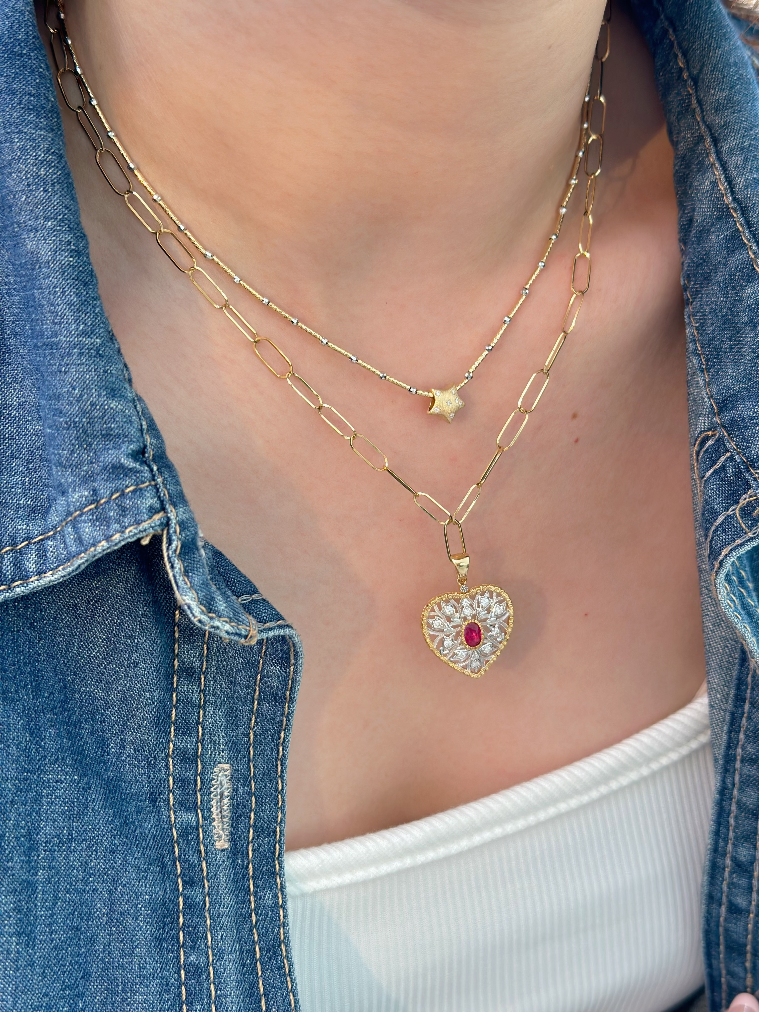 Two-Tone Gold Ruby Filigree Heart Pendant N031355