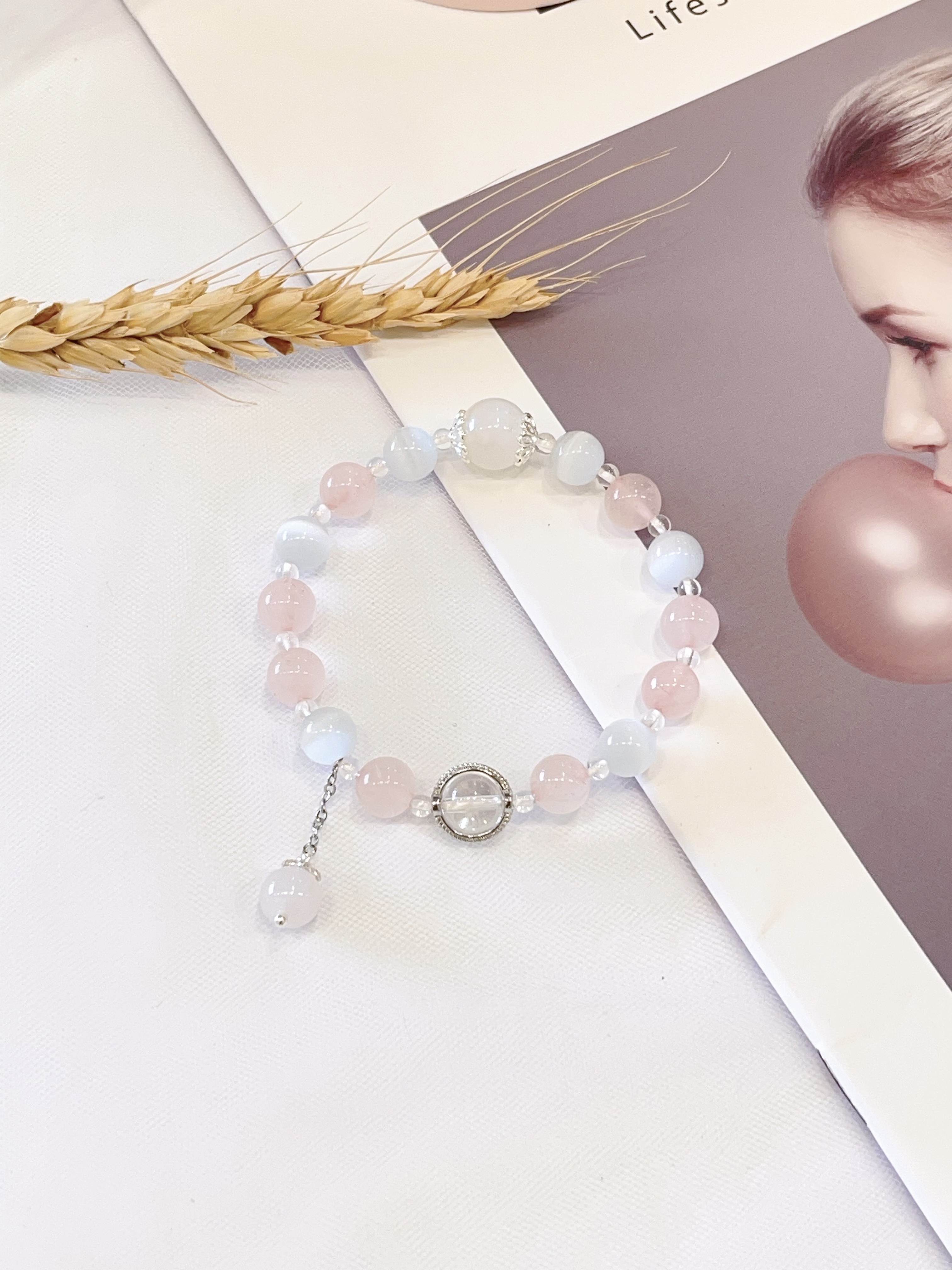 🌙 白月光 × 猫眼石 × 粉水晶 × 白水晶手串 Moonstone, Cat’s Eye Stone, Rose Quartz & Clear Quartz 