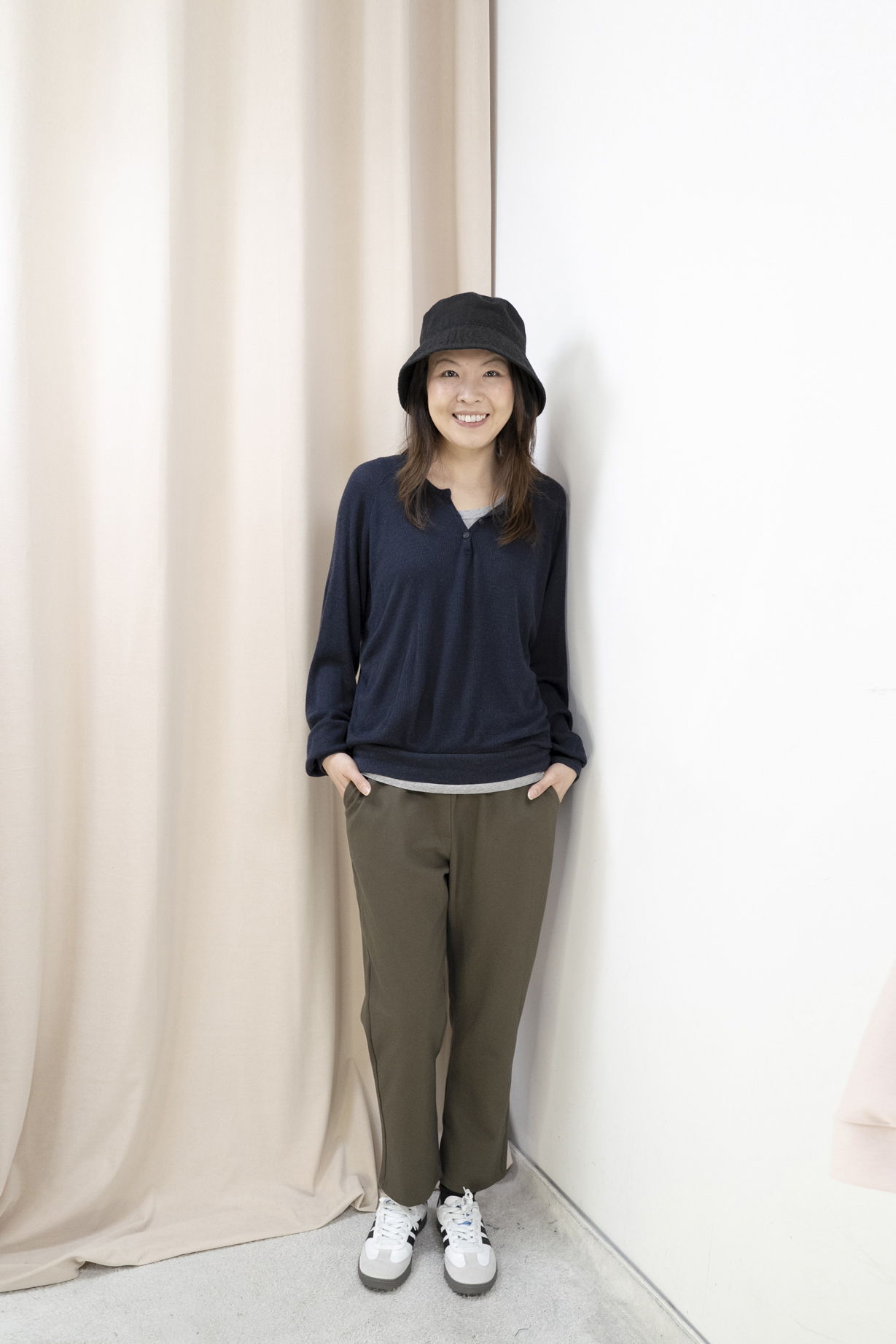 輕軟薄窩夫格紋半開胸上衣（藍色）