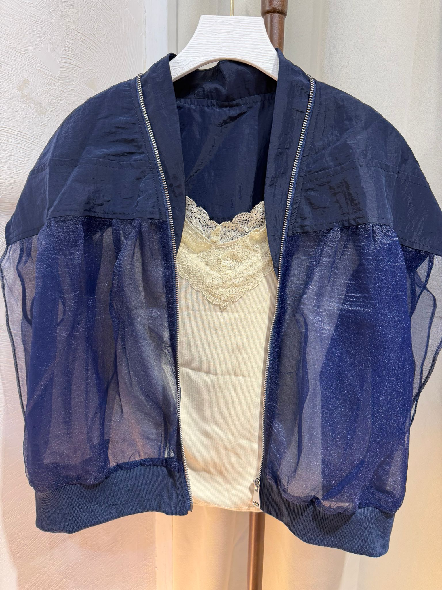 網紗拼接拉鍊外套