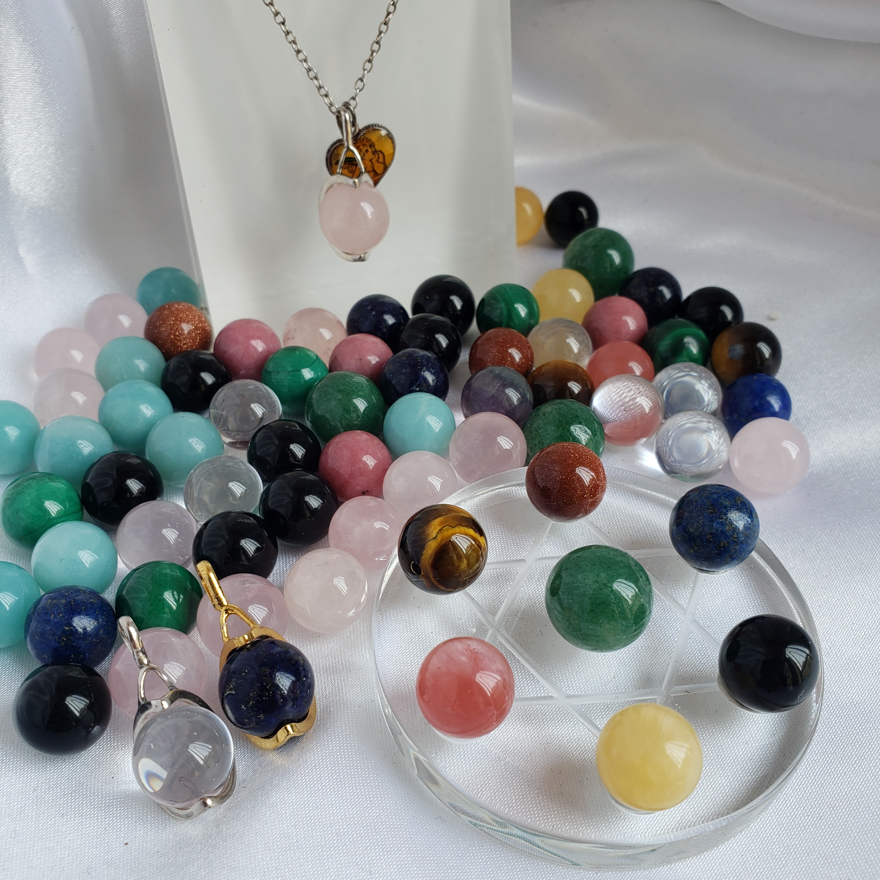 晶石圓珠銀托925吊飾