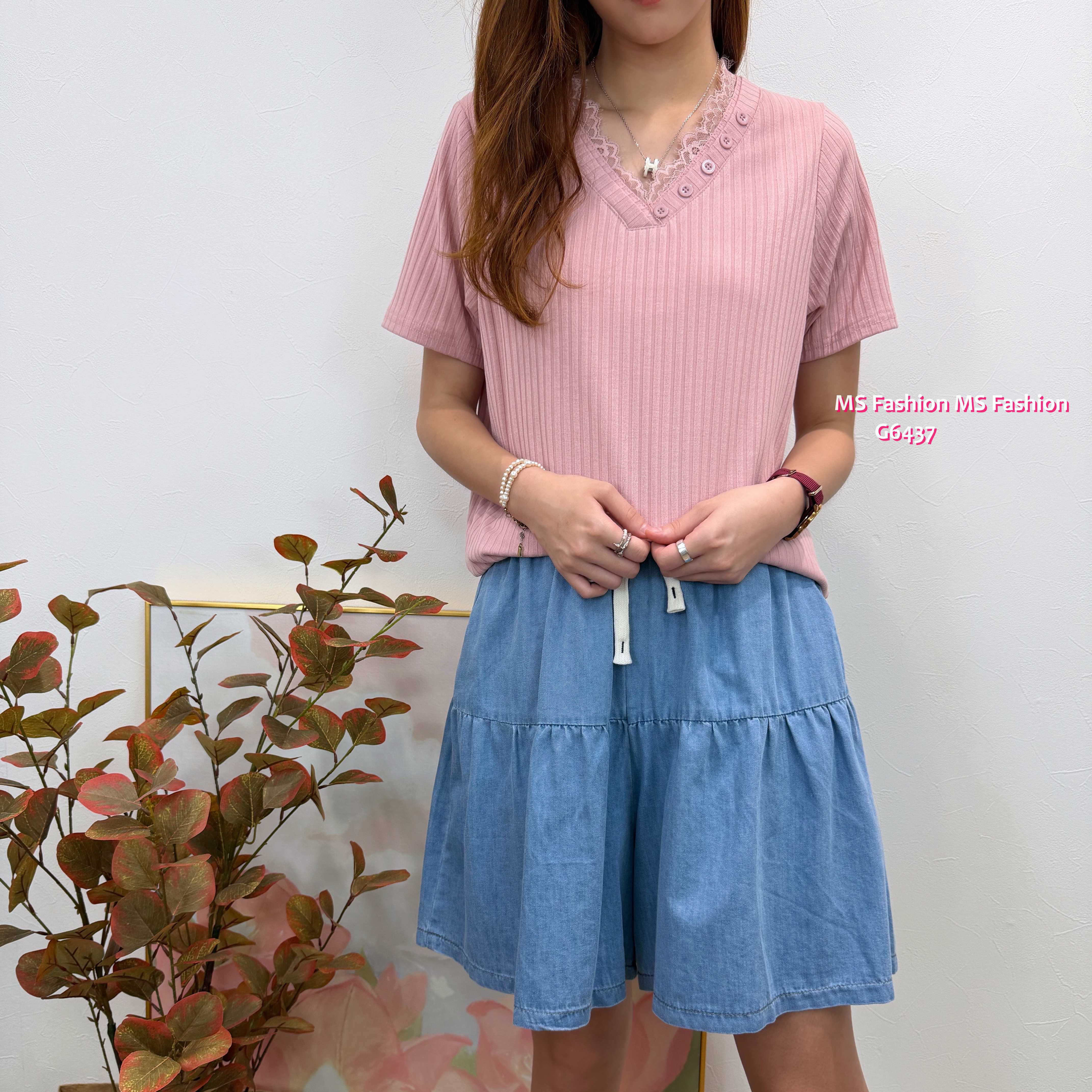 G6437 V領lace暗直紋top