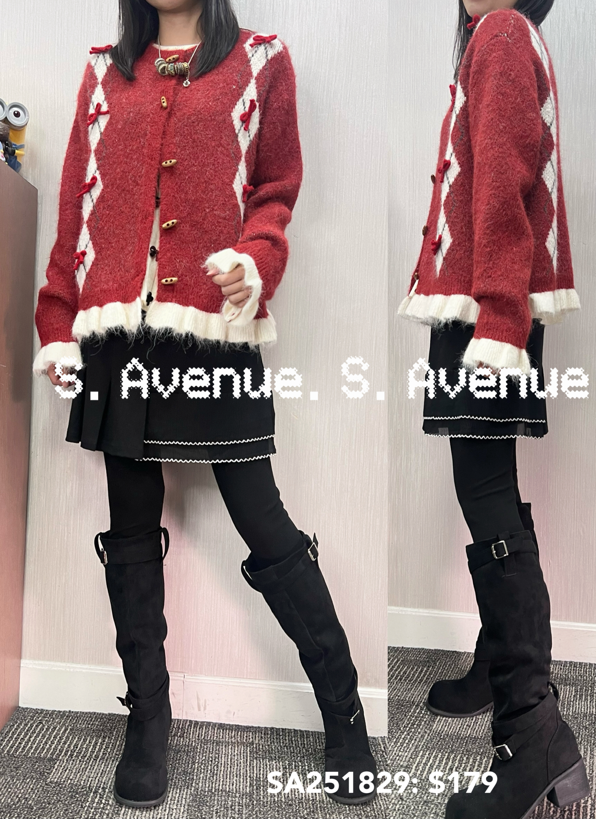 SA251829: 長袖側菱格圖案蝴蝶結冷外套