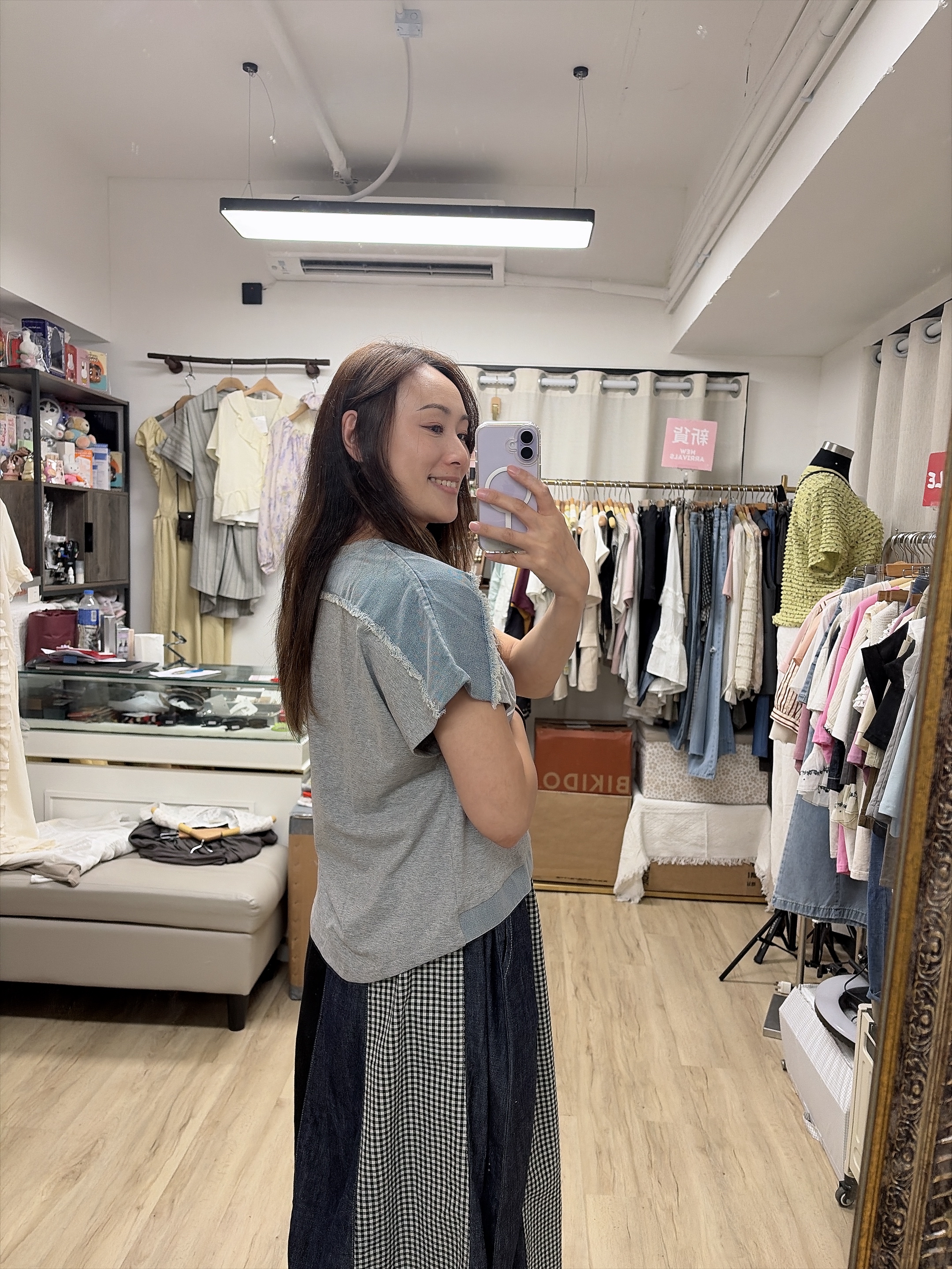 淺牛仔拼灰色tee 
