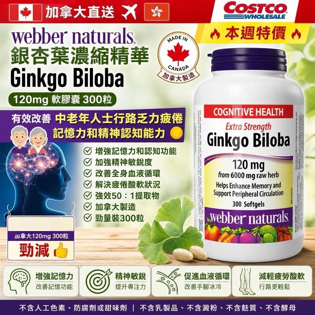 加拿大造Webber naturals銀杏葉濃縮精華 Ginkgo Biloba 120mg 軟膠囊 300粒
