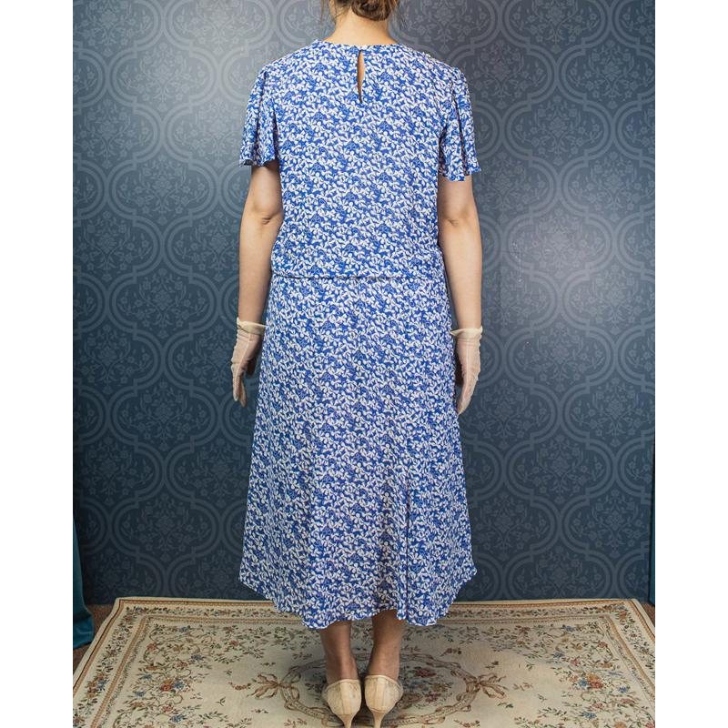 Vintage 1980s Does 1930s Made in Hong Kong Lace Collar Scattered Floral Pattern Trumpet Dress - Size L-XL (MU105-9)