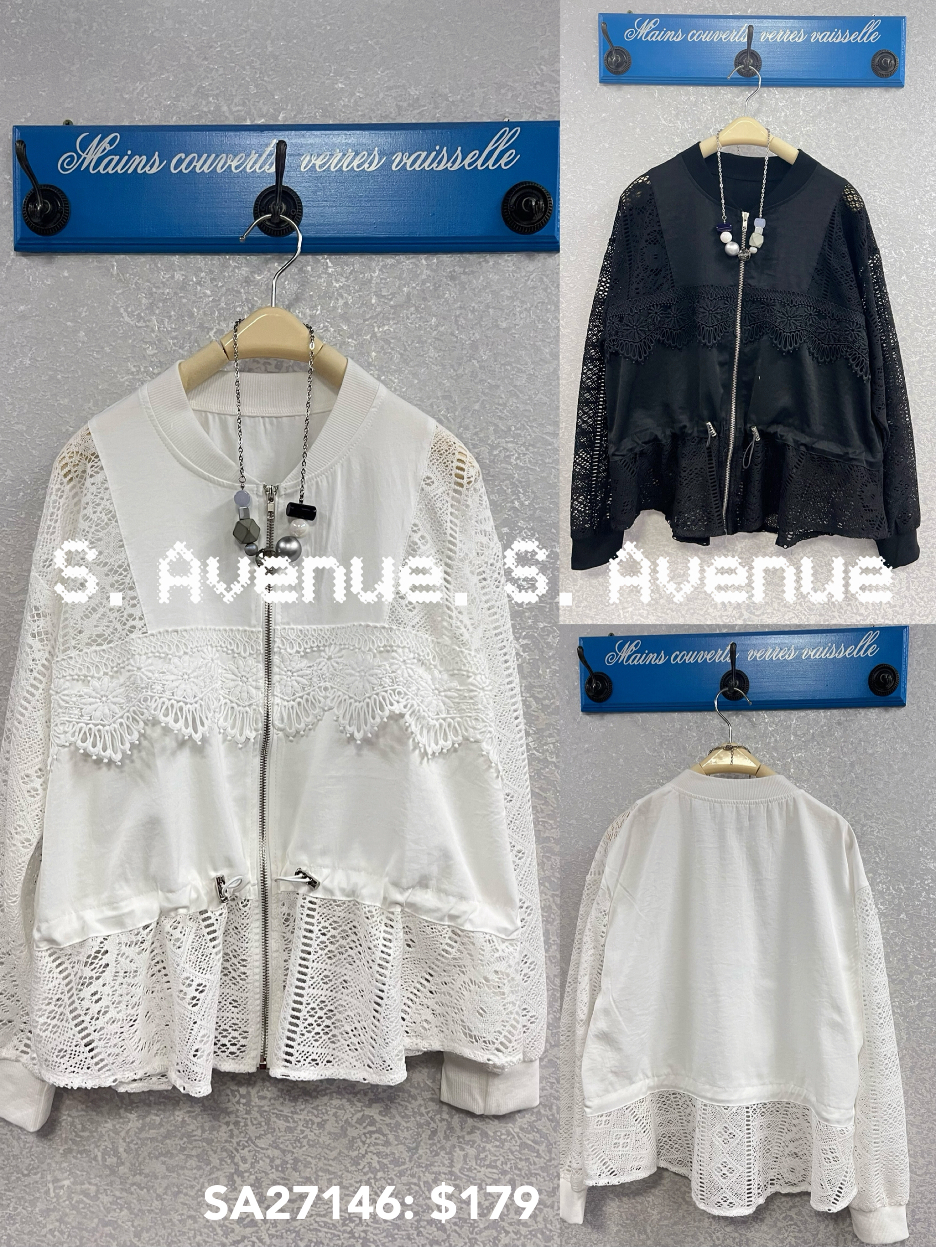 SA27146: 長袖拼lace勾花拉錬外套