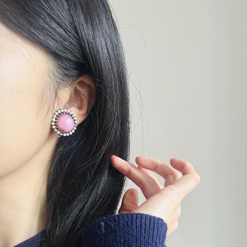 Vintage Czechoslovakian C.a. 1950s Moonglow Pink Glass and Rhinestone Clip Earrings(NZ015-2)