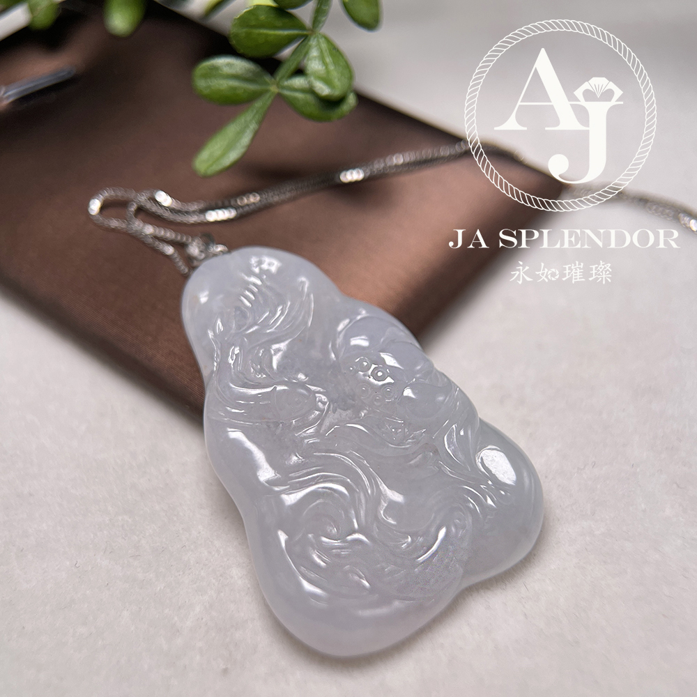 JNK-123 天然翡翠A玉 白翡蓮蓮有魚(連年有餘)18K金吊墜