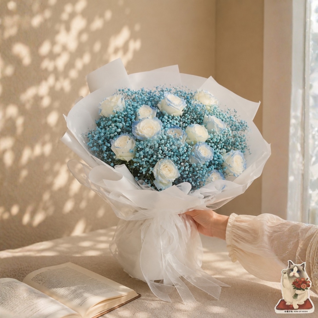 湛藍星海｜碎冰藍玫瑰滿天星花束