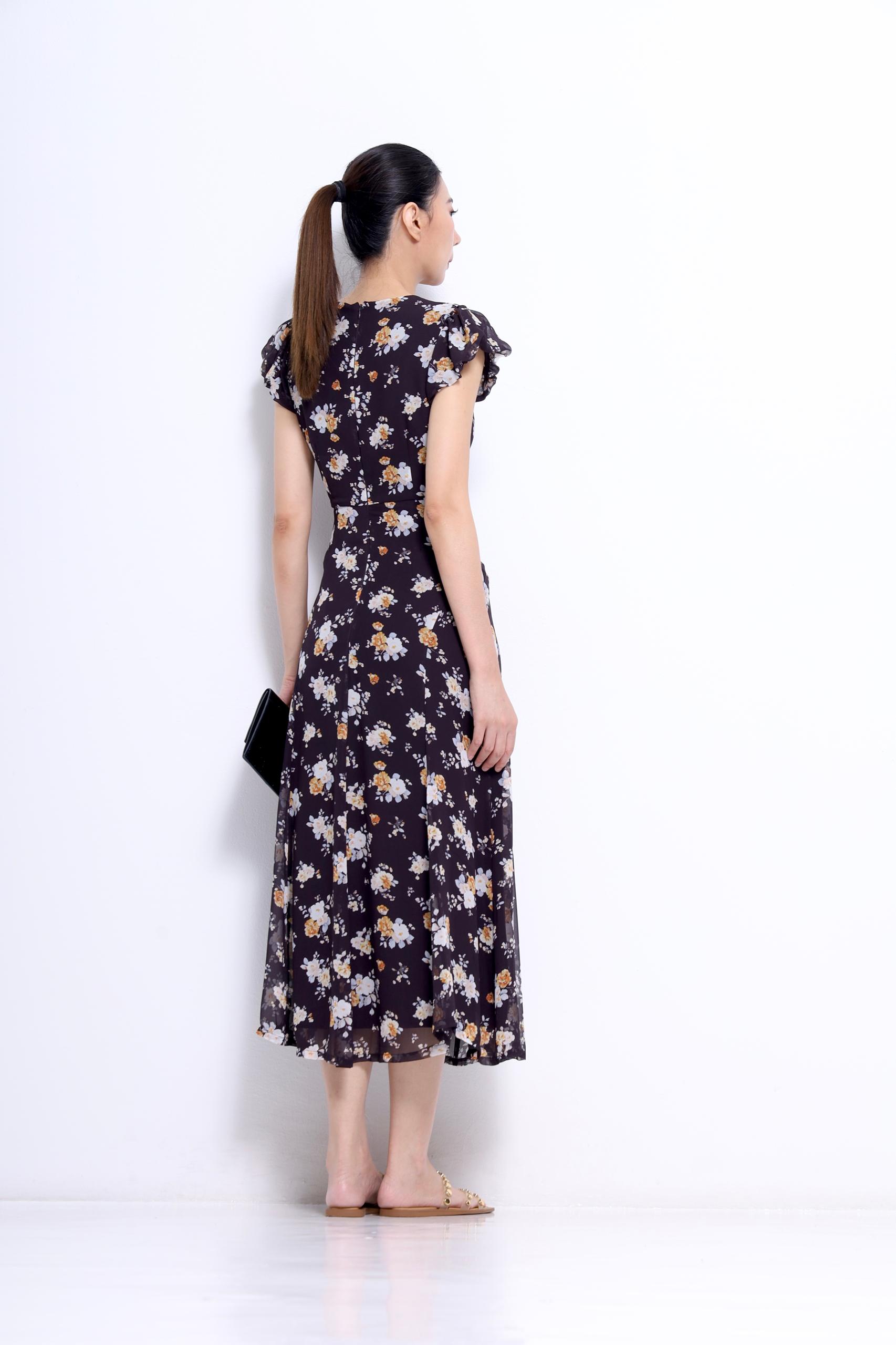 CD2147 FLORAL FLUTTER SLLV ROUNDNECK DRESS