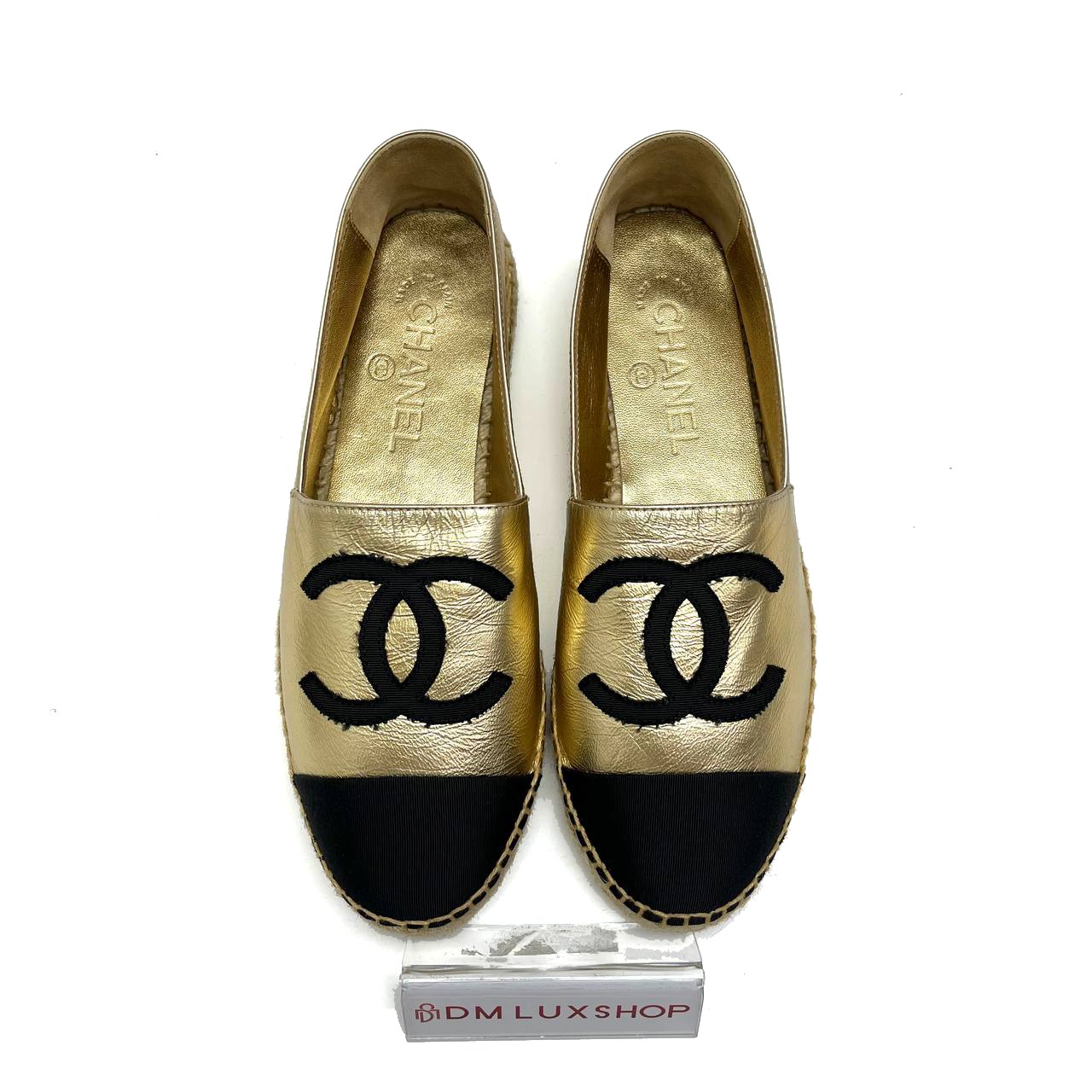 Chanel Metallic Gold Espadrilles with Black Canvas 