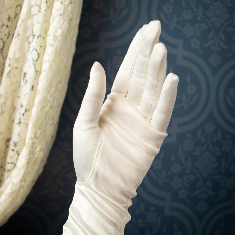 Vintage Satin Textured White Elbow Length Long Evening Gloves (CE069)