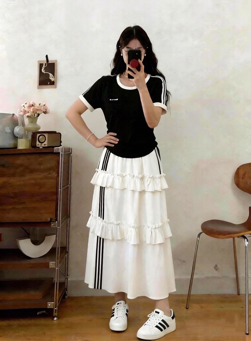 B51(9995裙) 韩系甜美风边条纹层层荷叶拼接蛋糕层黑白长裙