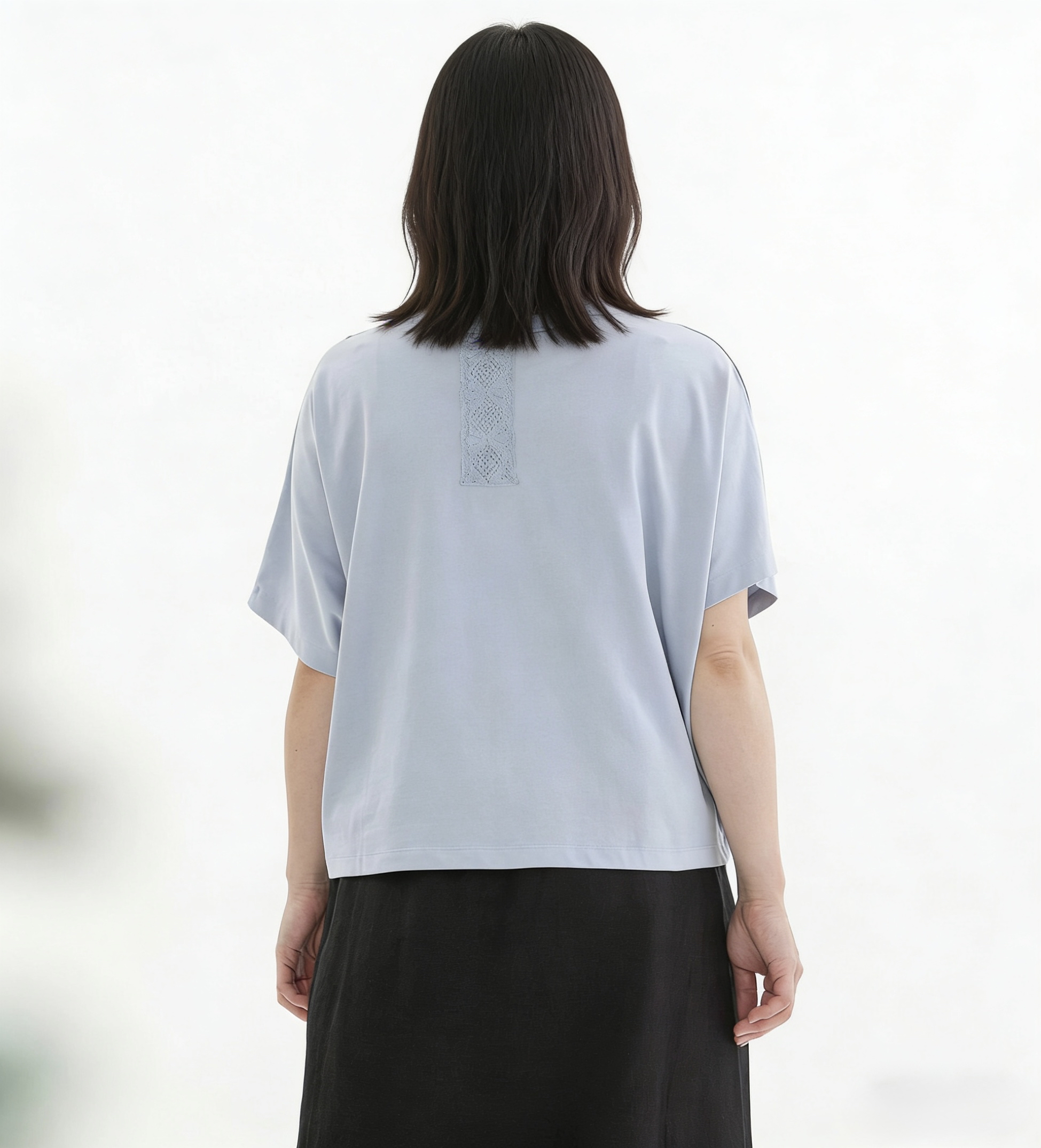 日系LACE刺繡Tee - 灰藍