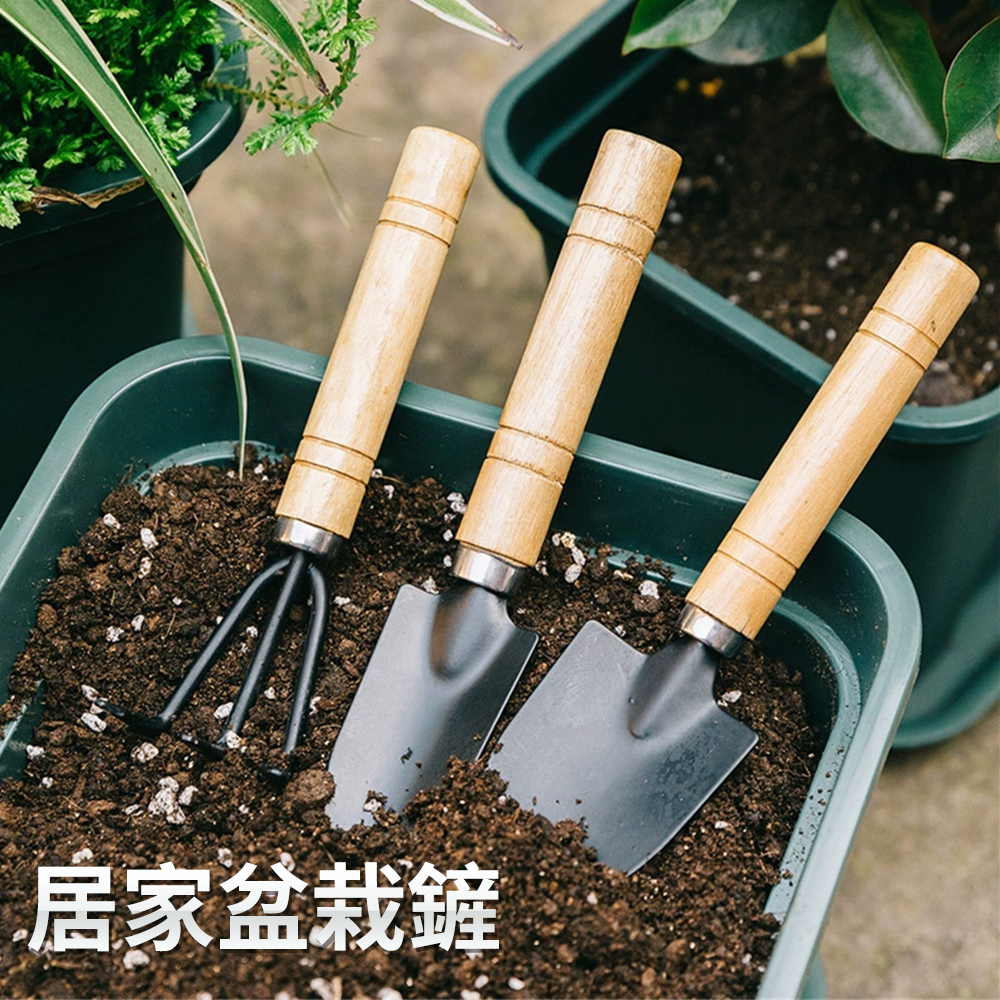 居家盆栽鏟 木柄鏟 耙子 尖鏟 園藝 多肉鬆土鏟 花鏟 鏟子 三件套 [平行進口] HK2697