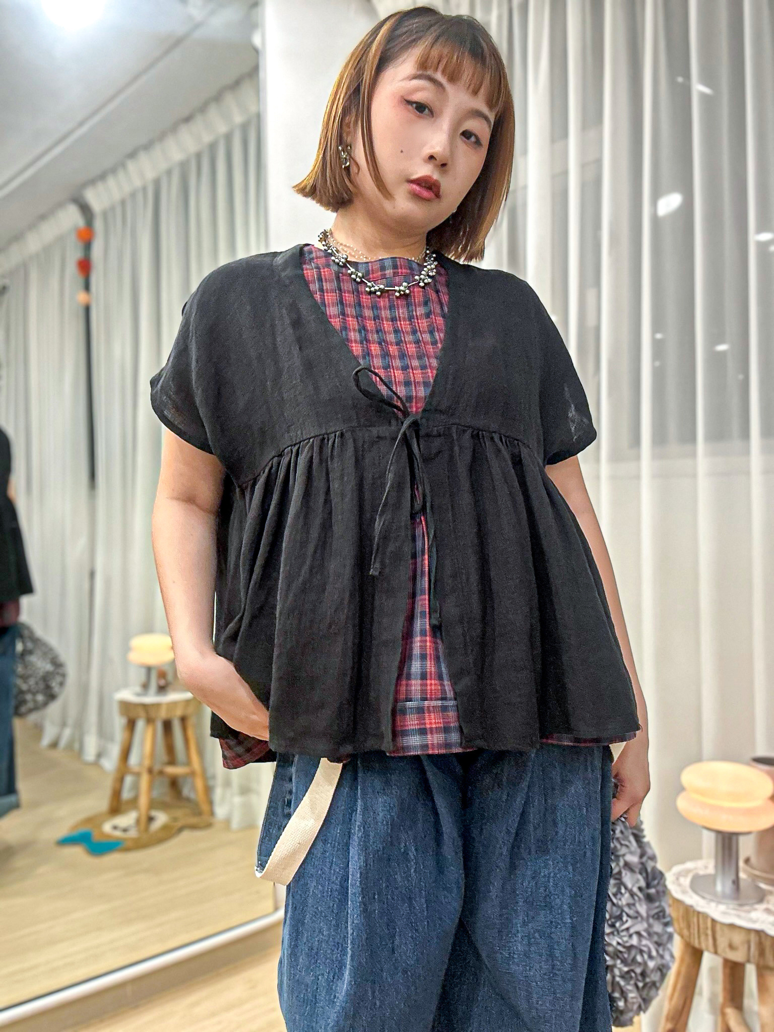 森林系清涼感～棉麻綁帶開襟上衣 NQ0001 - 黑色 BLACK