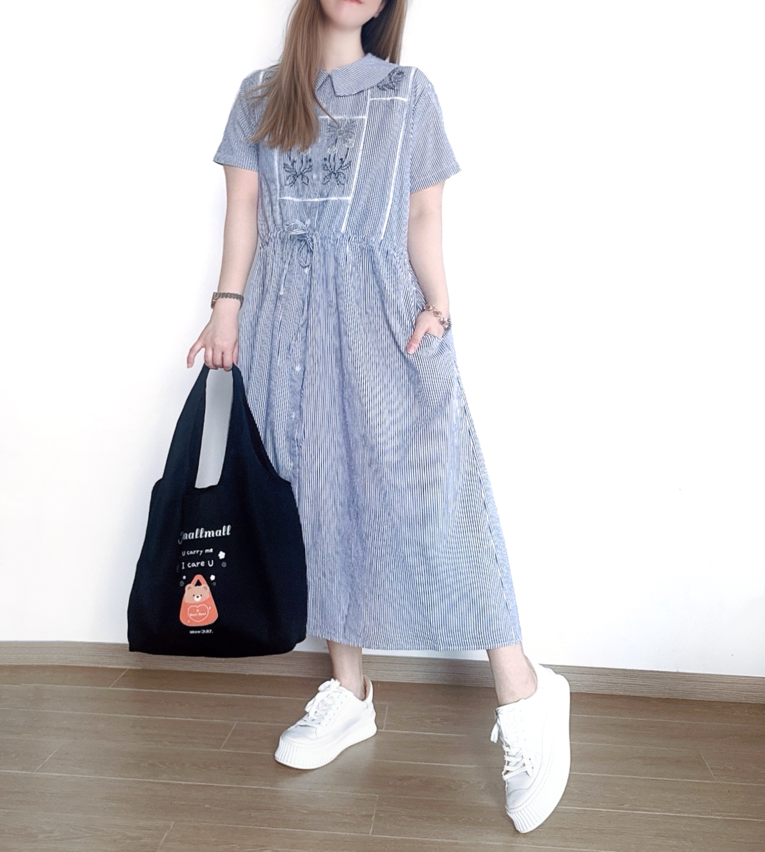 🌼初春優惠🍀 日系條紋刺繡花束腰Ops