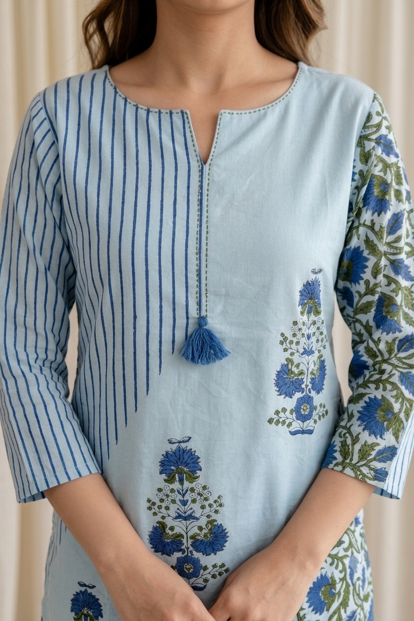 Light Blue Floral Print Kurta Set