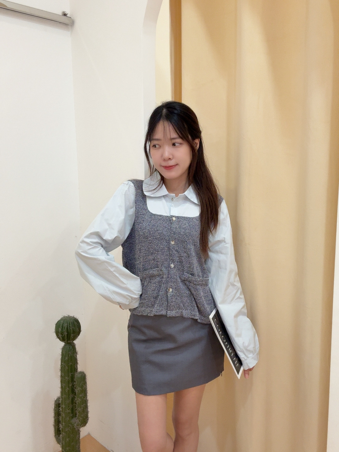 韩系翻领针织假两件拼接长袖衬衫 R2607