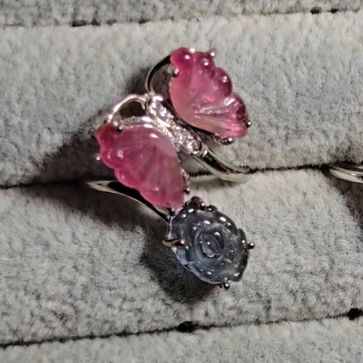 Candy tourmaline butterfly and rose ring, adjustable sterling silver (A) - TR278