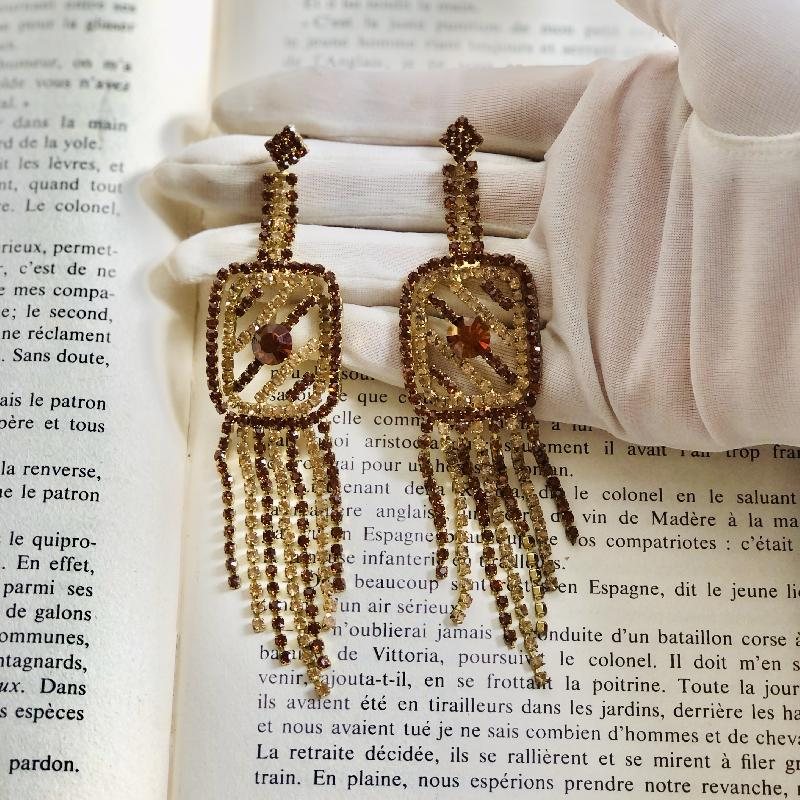 C.a. 1980s Amber Brown and Yellow Rhinestone Flapper Cocktail Tassel Pierce Earrings(MT1802)