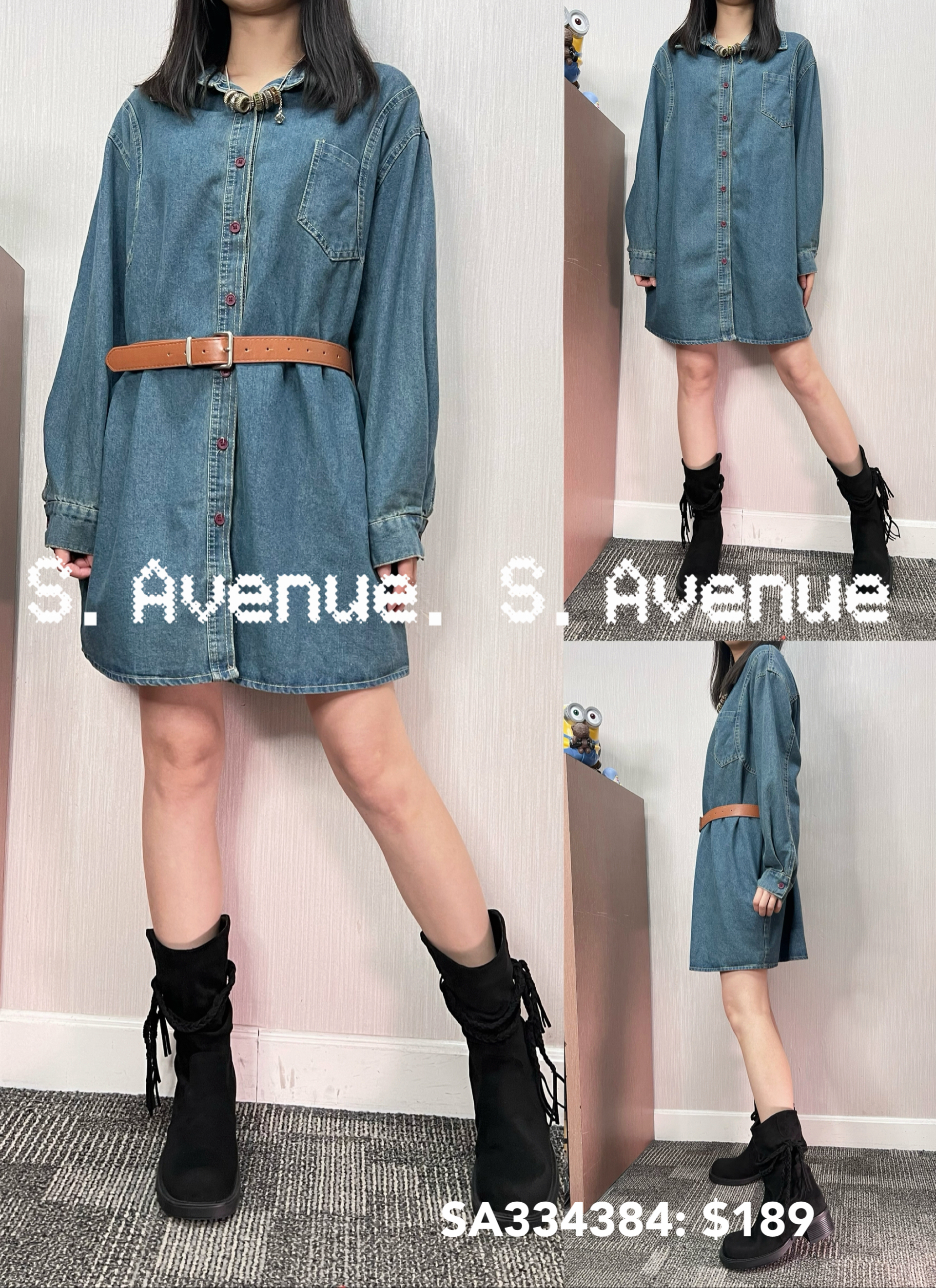 SA334384: 長袖側有骨雙著牛仔shirt