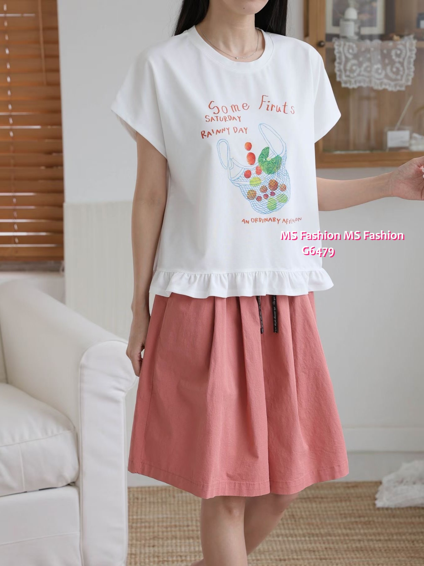 G6479 靚print ruffle腳top