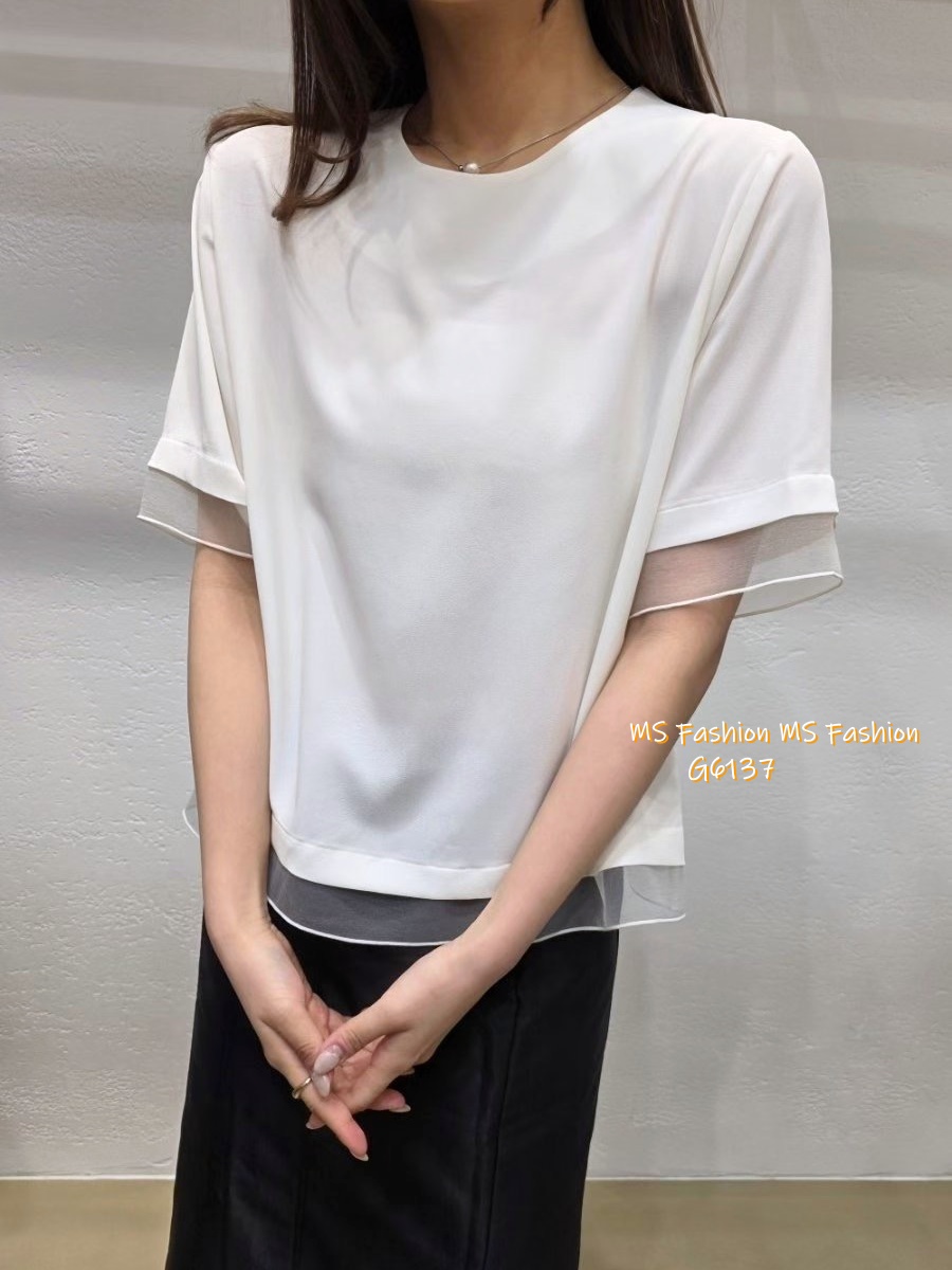 G6137 韓國🇰🇷靚料拼紗邊淨色top