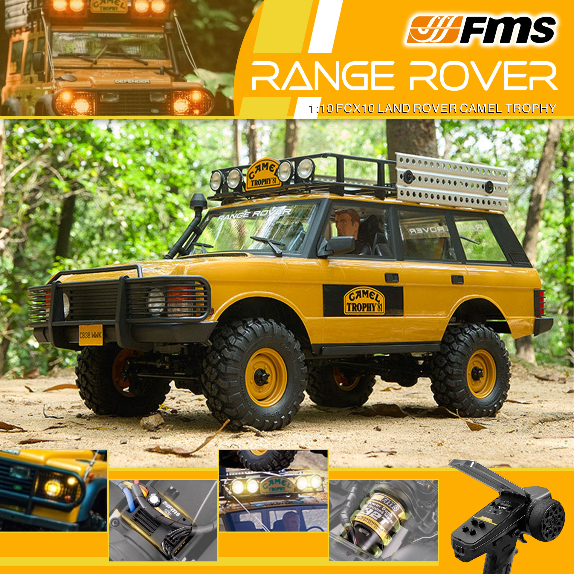 全新 FMS 1:10 Land Rover Camel Trophy Range Rover 攀爬車 | FCX10 | Land Rover 授權 | 4輪驅動 | 550 32T 有刷電機 | 雙速變速機械波箱