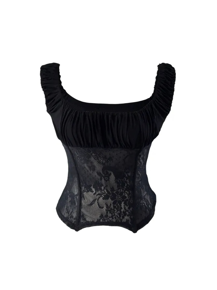 Ruched Sheer Lace Panel Corset Top