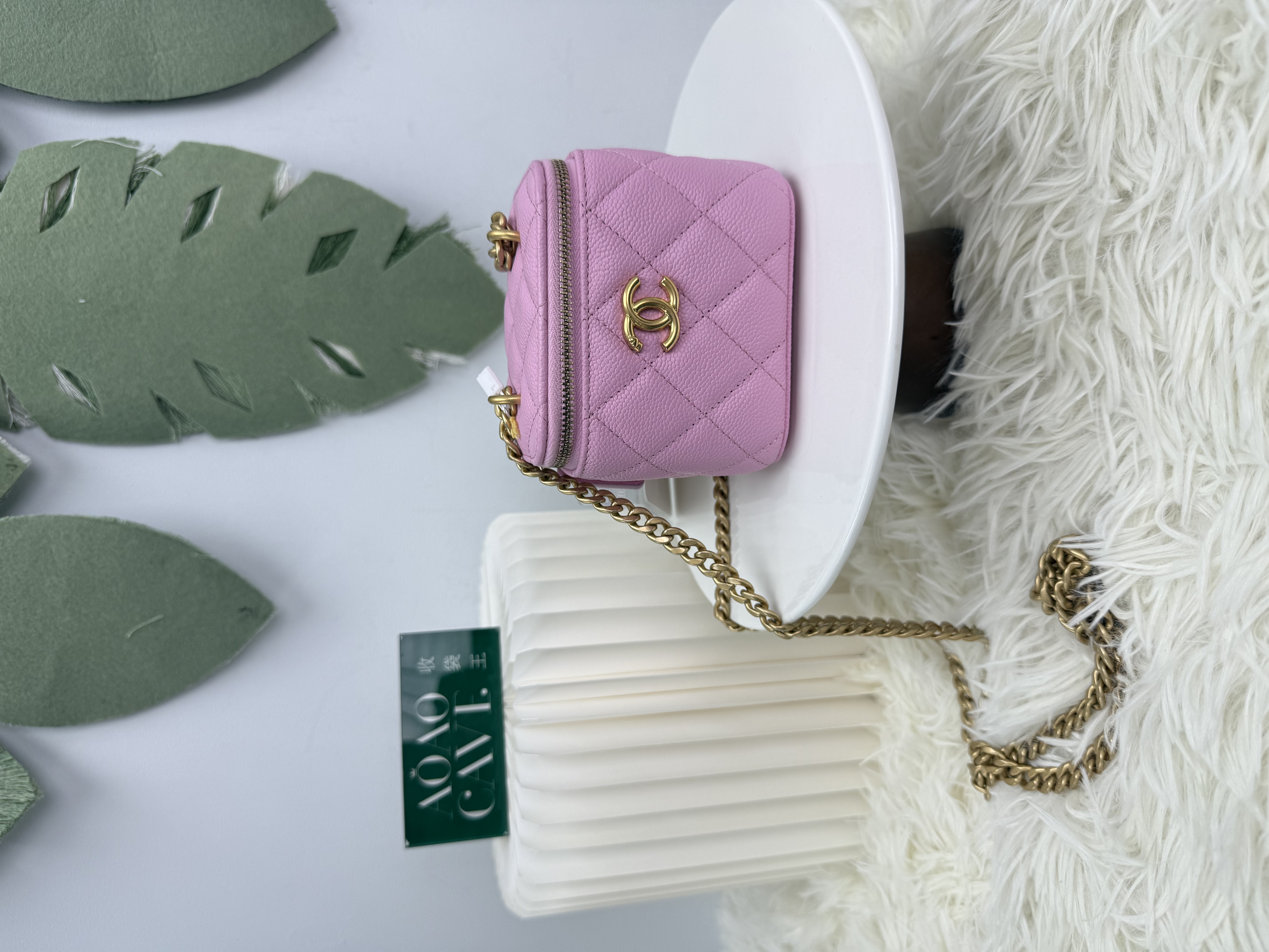 CHANEL 🤍PRE OWNED 23P 粉色心形調節金扣 荔枝牛皮 小方盒🩷