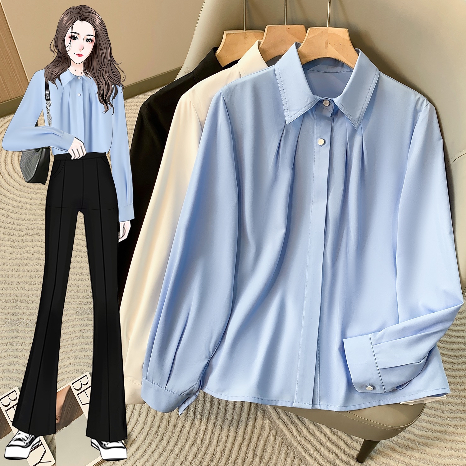 B149(66607) 韩版通勤风翻领边显瘦捏痕抗皱长袖3色衬衫上衣