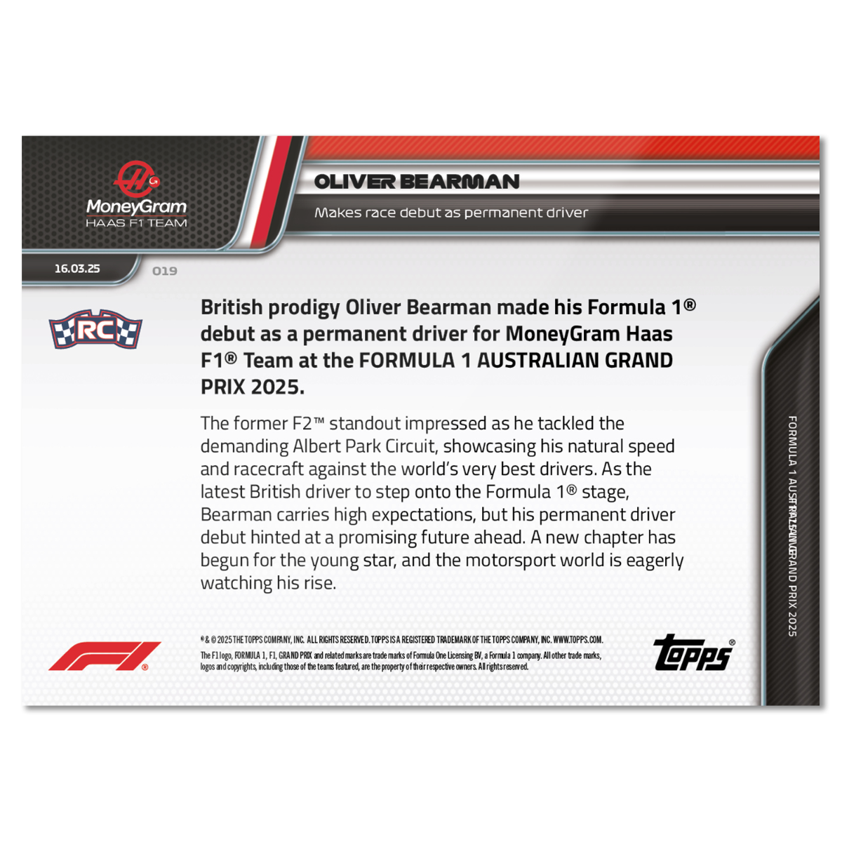 Oliver Bearman RC - 2025 F1 Topps NOW® #19 Australian GP 正選車手首戰卡｜PR 1,896