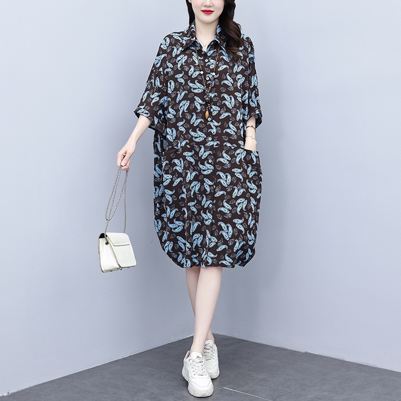 B170(2555) 韩版洋气艺术蓝叶翻领咖衬衫连身裙
