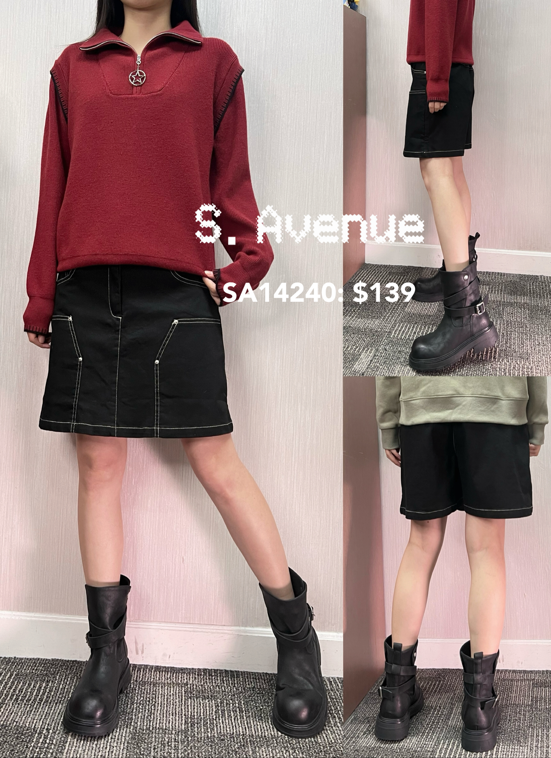 SA14240: 前有鈕拉錬後橡筋腰雙方袋明線短裙褲